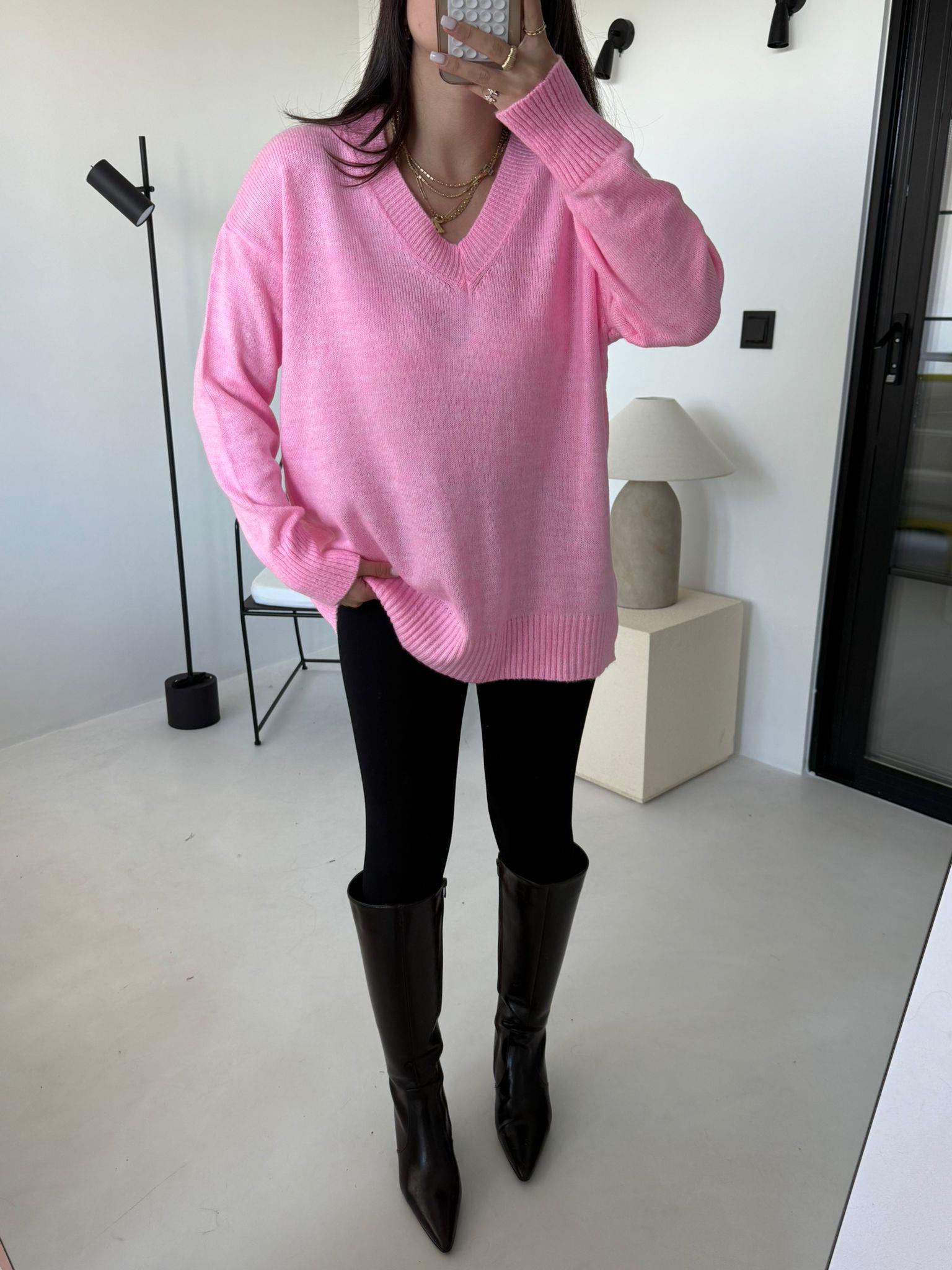 Pembe V Yaka Oversize Kazak