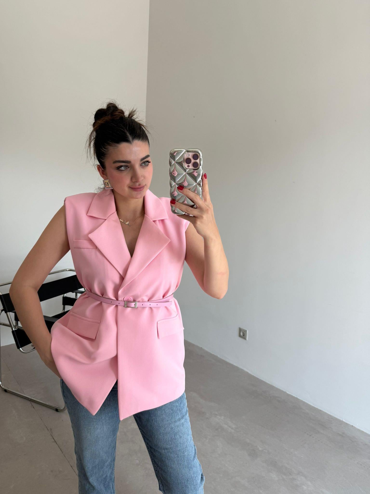 Pembe Vatkalı Kemerli Yelek