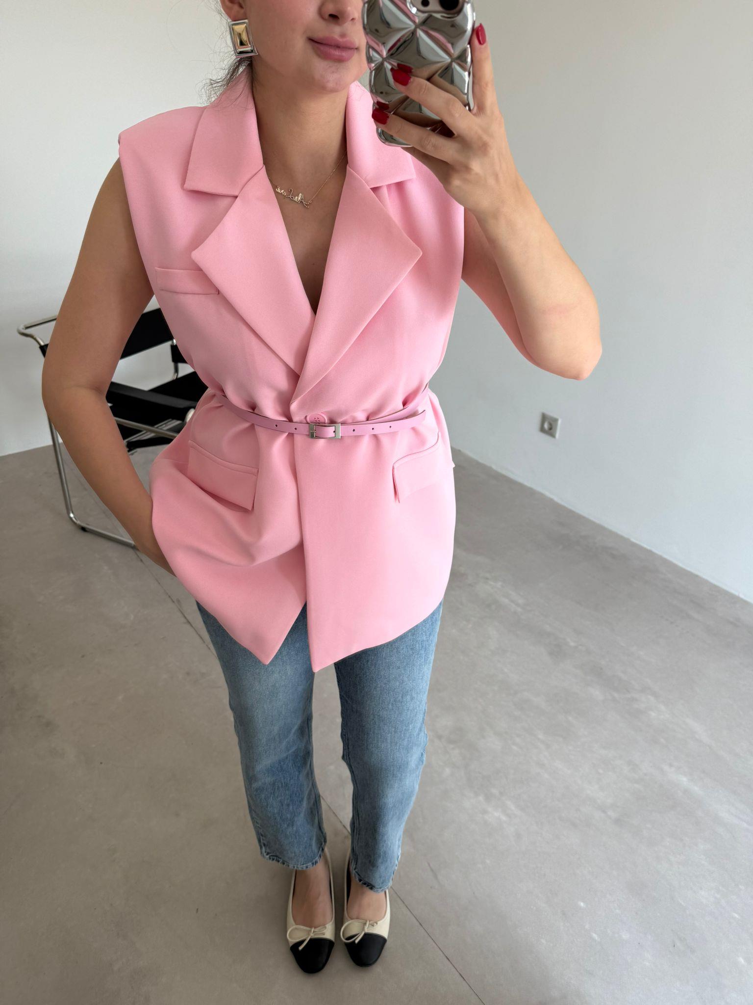 Pembe Vatkalı Kemerli Yelek