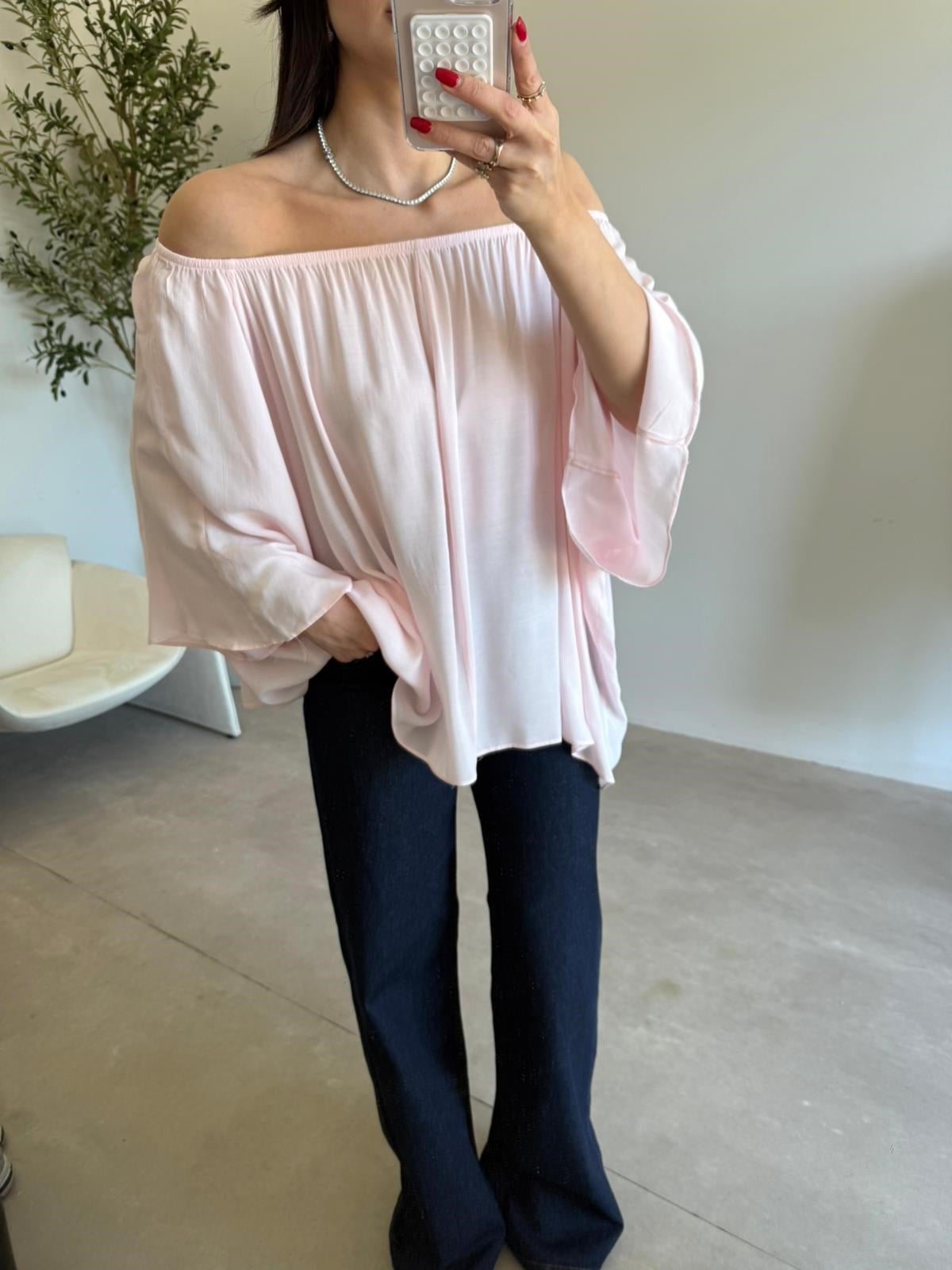 Pembe Yakası Lastikli Yarasa Kol Bluz