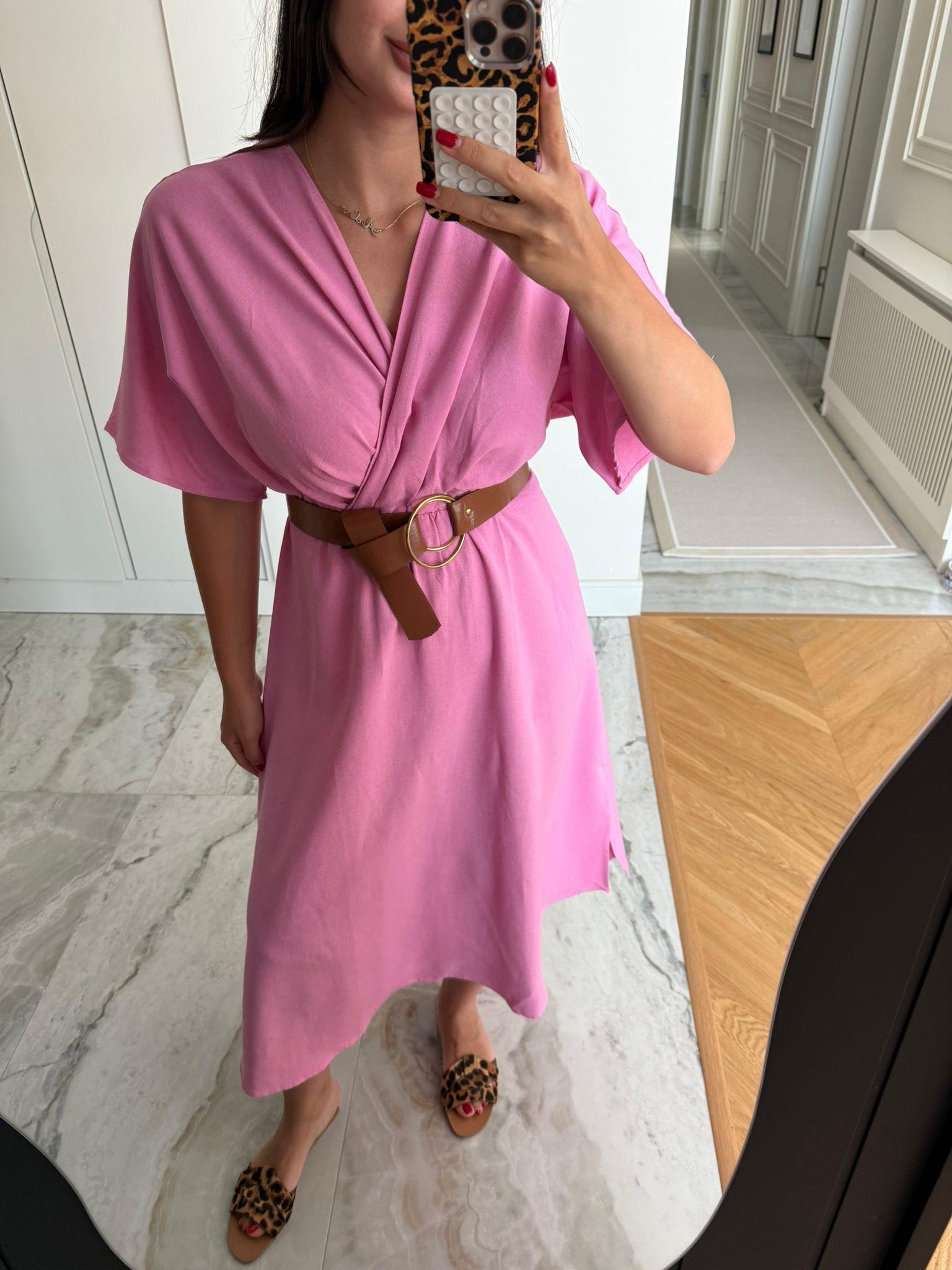 Pembe Yarasa Kol Kemerli Keten Elbise