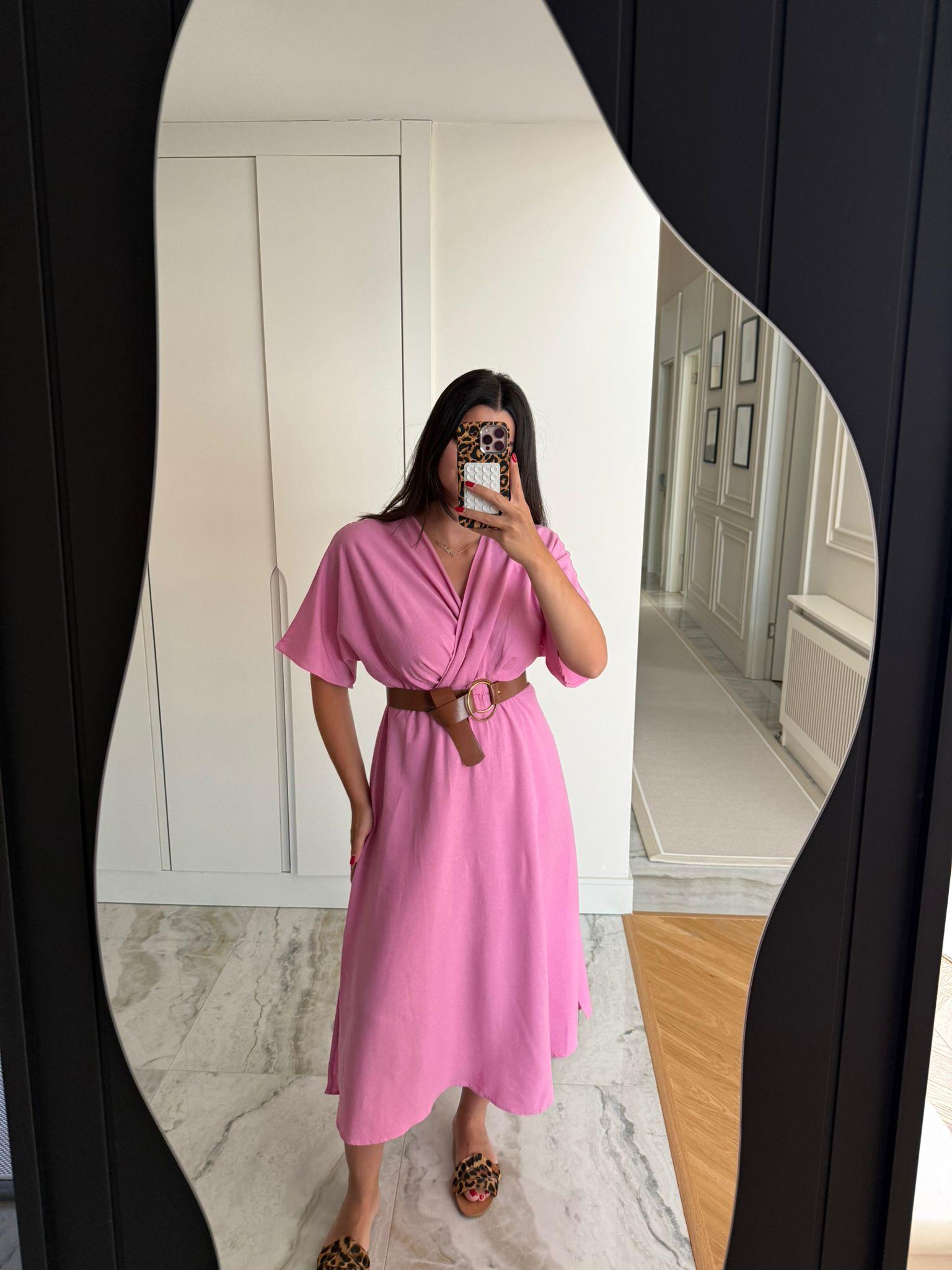 Pembe Yarasa Kol Kemerli Keten Elbise