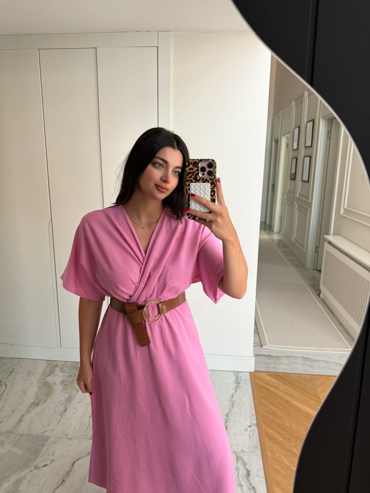 Pembe Yarasa Kol Kemerli Keten Elbise