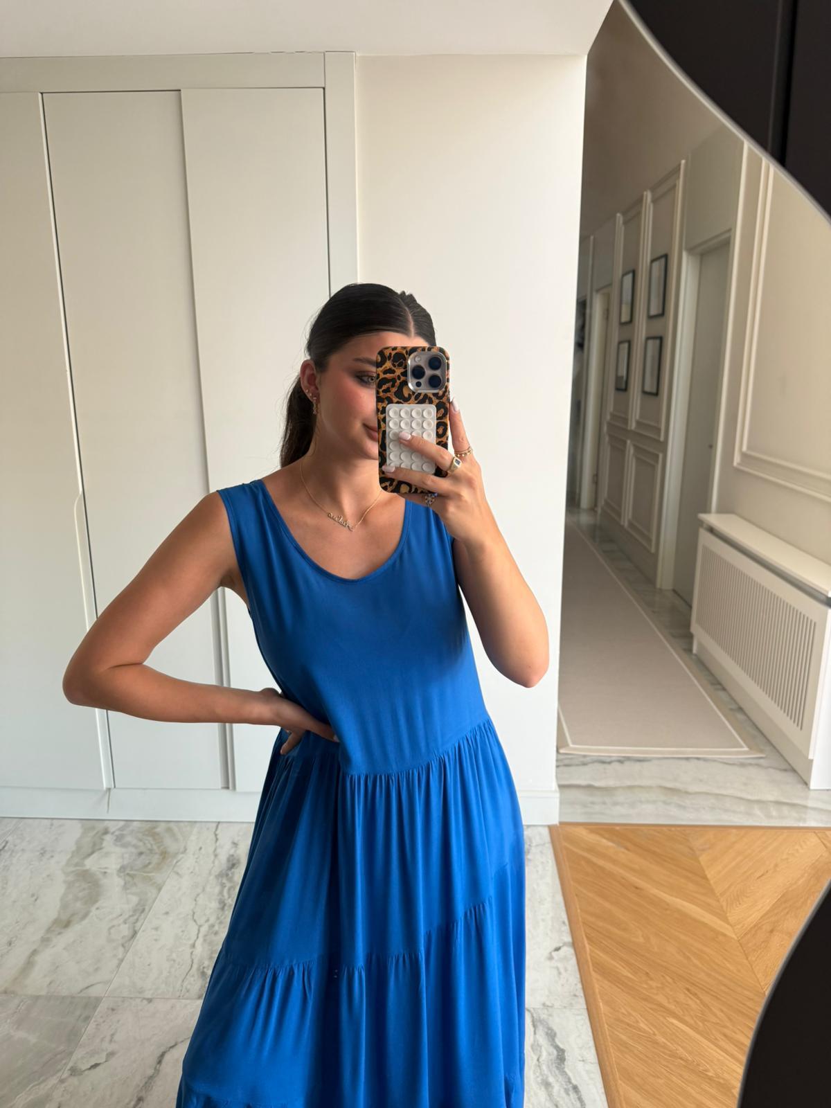 Saks Mavisi Sıfır kol Salaş Elbise