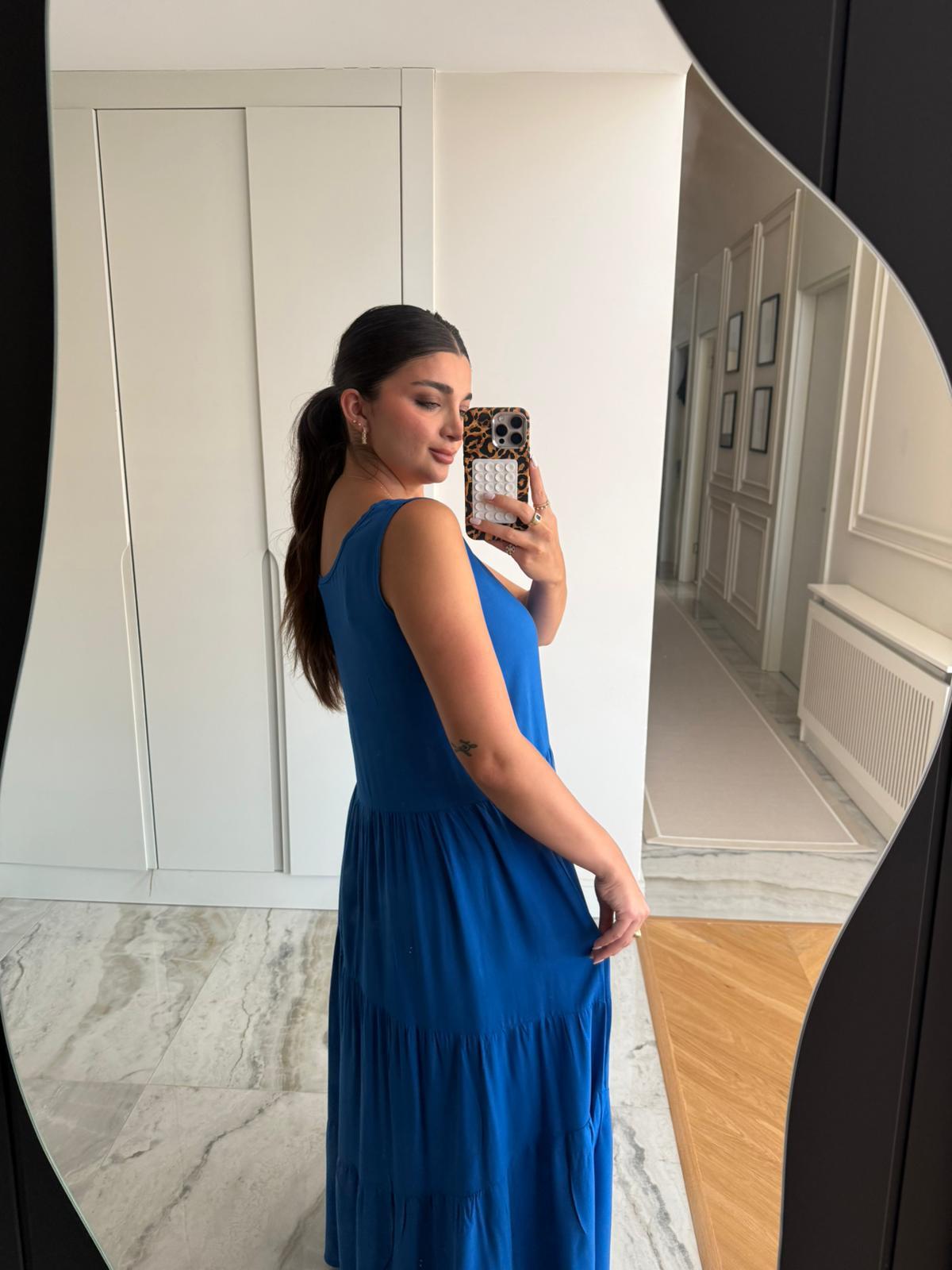 Saks Mavisi Sıfır kol Salaş Elbise