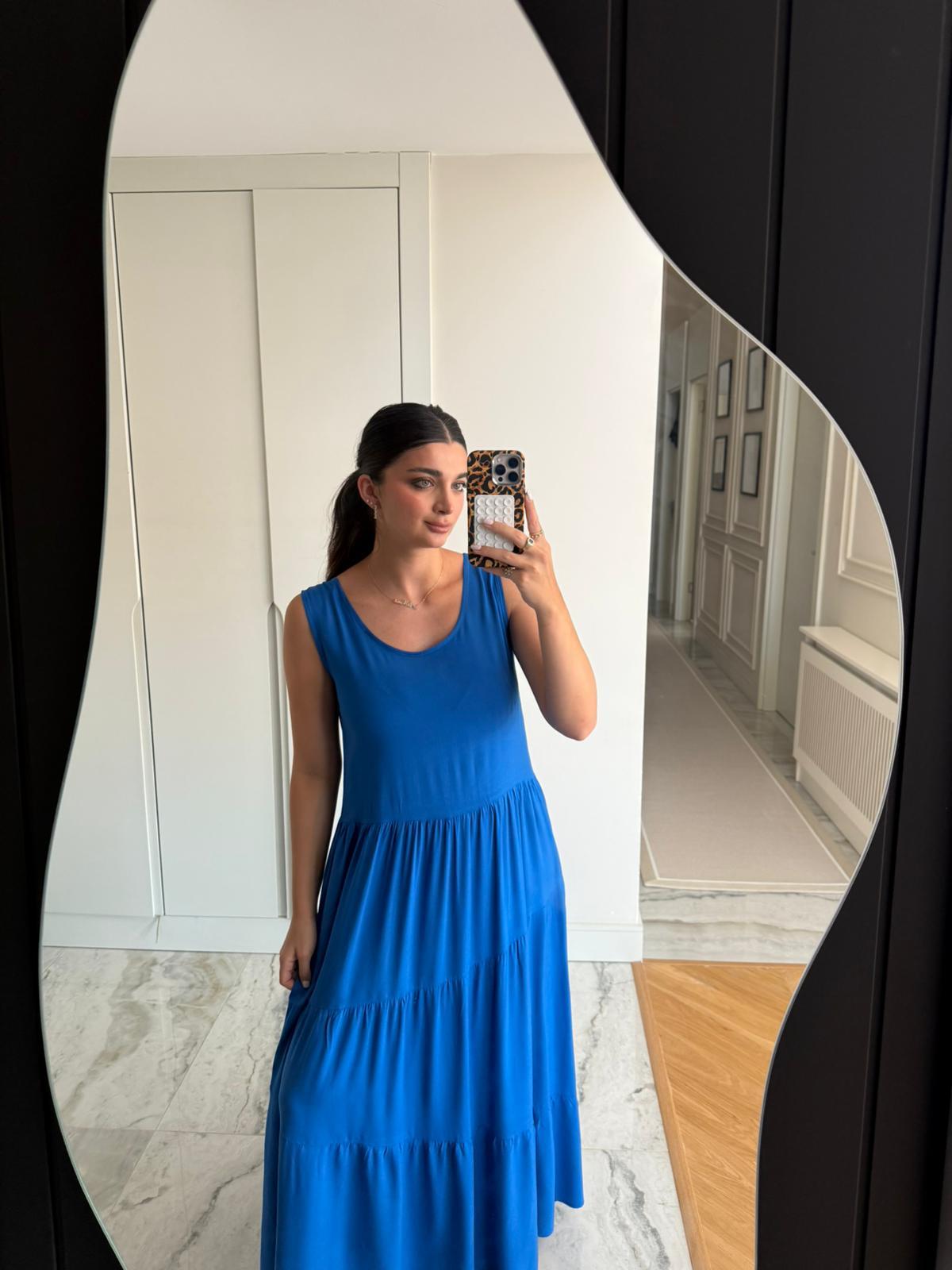 Saks Mavisi Sıfır kol Salaş Elbise