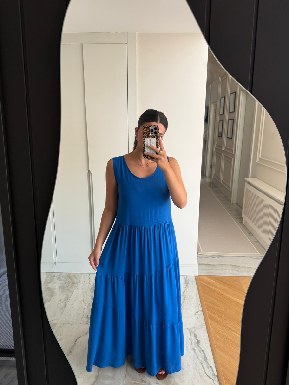 Saks Mavisi Sıfır kol Salaş Elbise