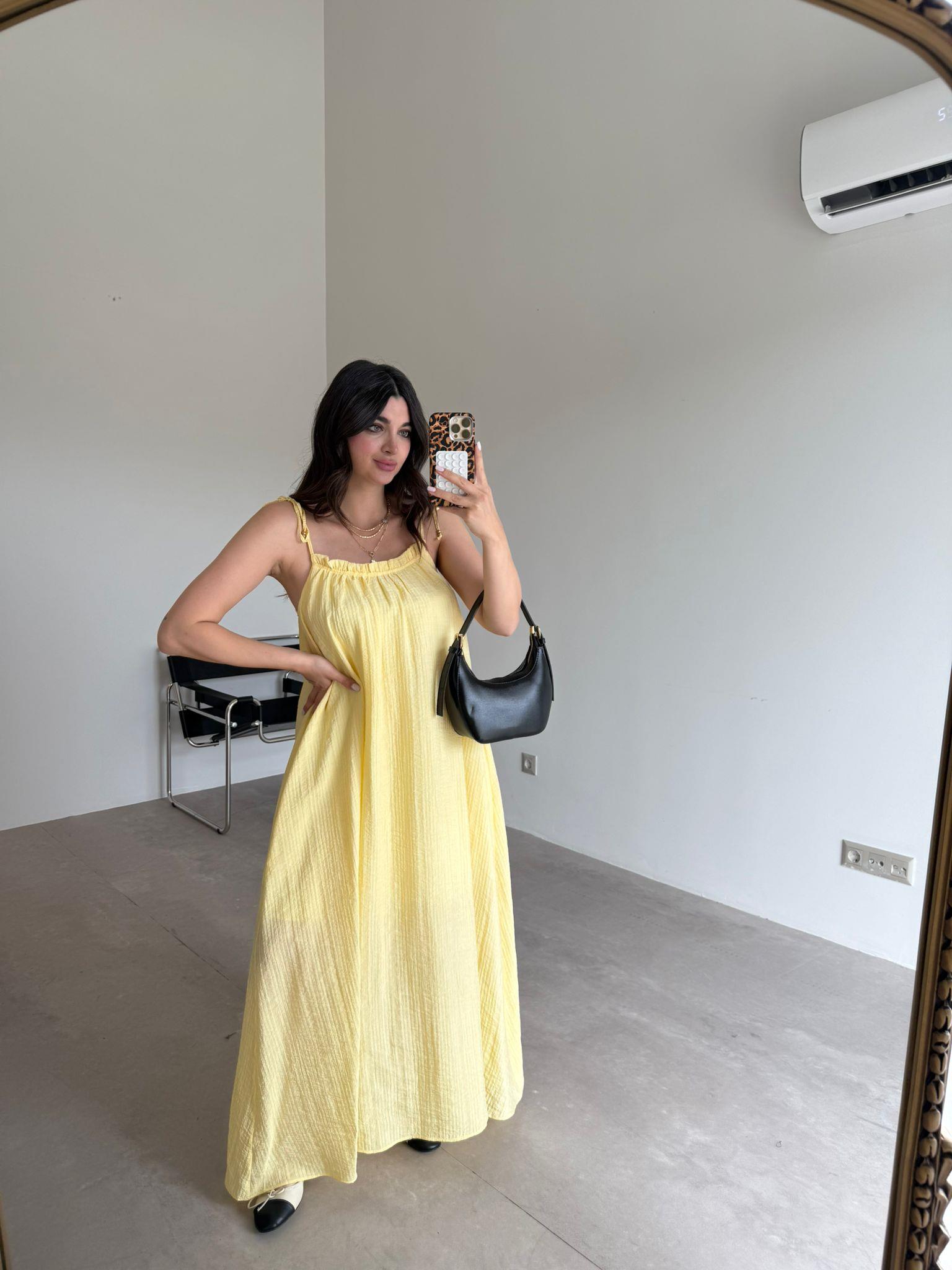 Sarı Askılı Cep Detaylı Maxi Elbise