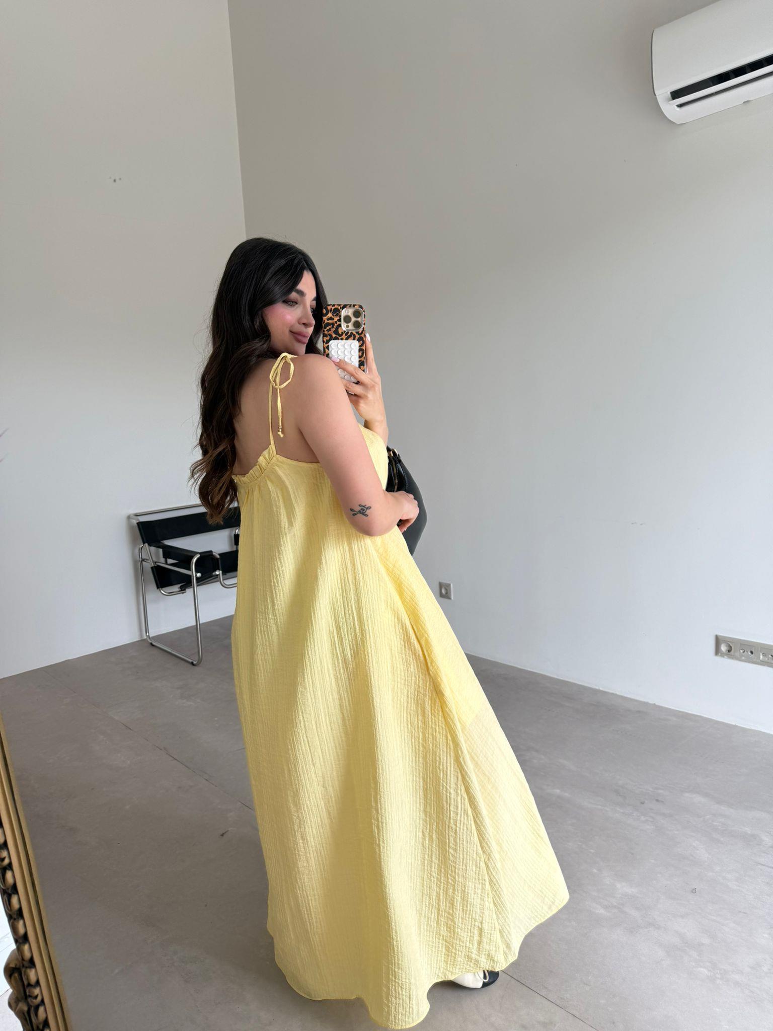 Sarı Askılı Cep Detaylı Maxi Elbise