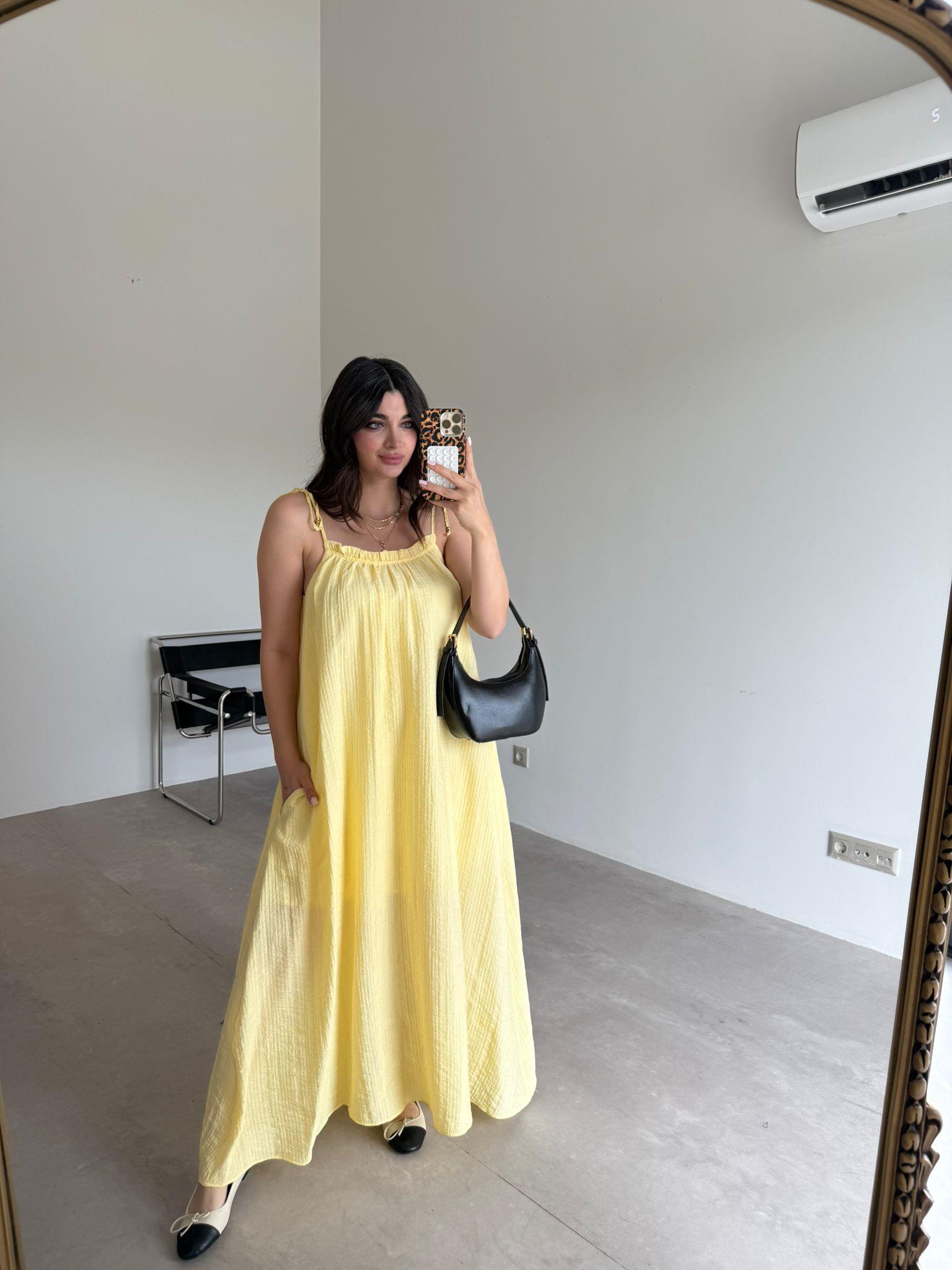 Sarı Askılı Cep Detaylı Maxi Elbise
