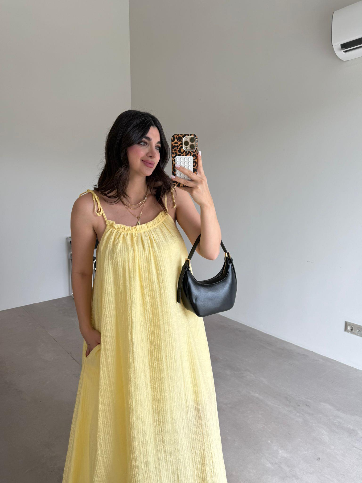 Sarı Askılı Cep Detaylı Maxi Elbise