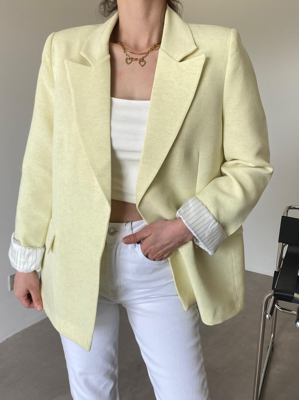 Sarı Astarlı Keten Blazer Ceket