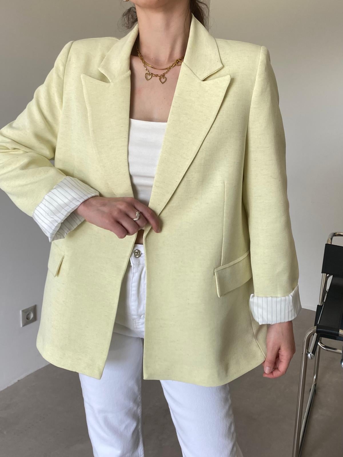 Sarı Astarlı Keten Blazer Ceket