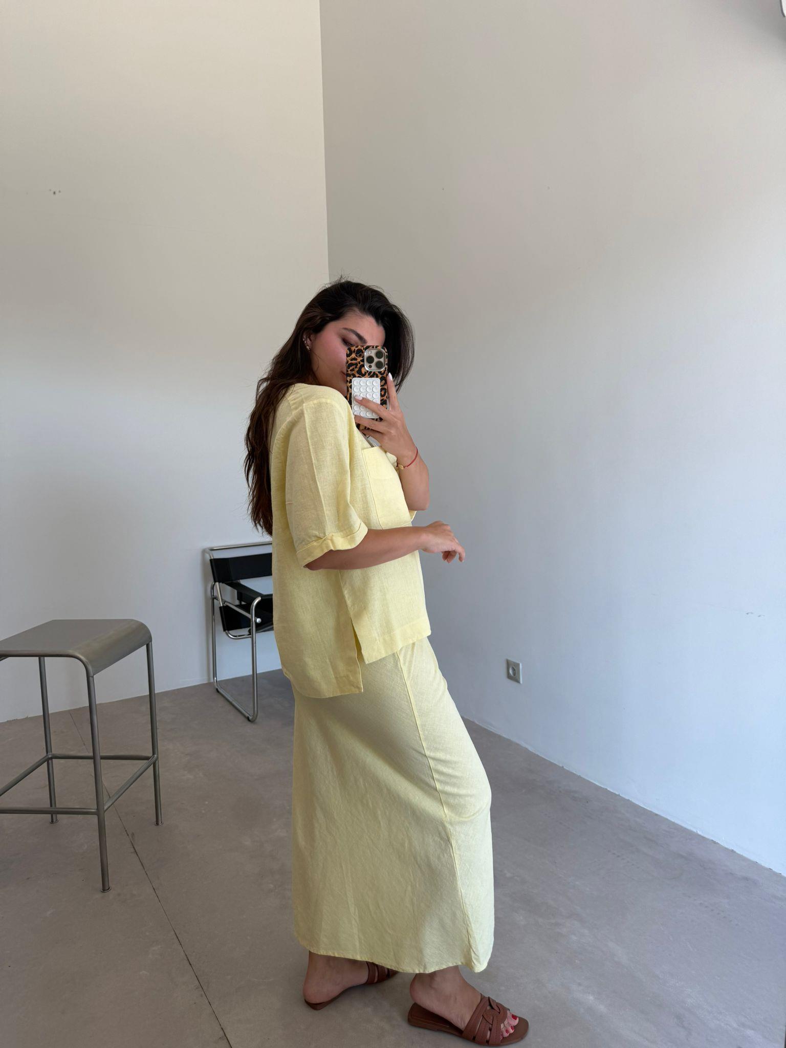 Sarı  Cep Detaylı Etekli Keten Takım