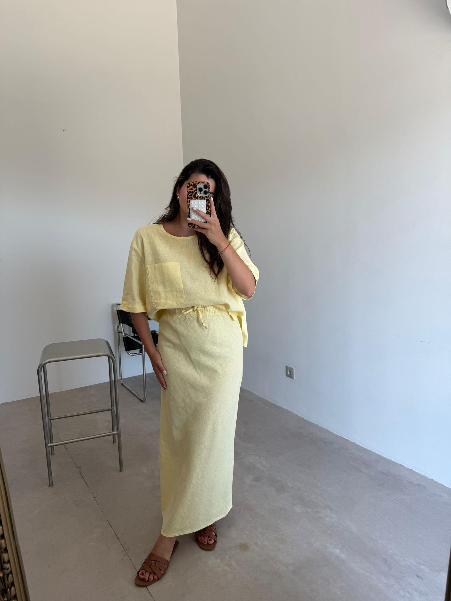 Sarı  Cep Detaylı Etekli Keten Takım