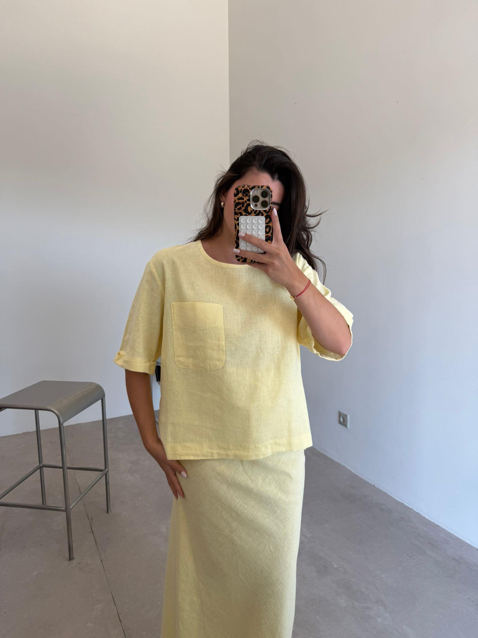 Sarı  Cep Detaylı Etekli Keten Takım