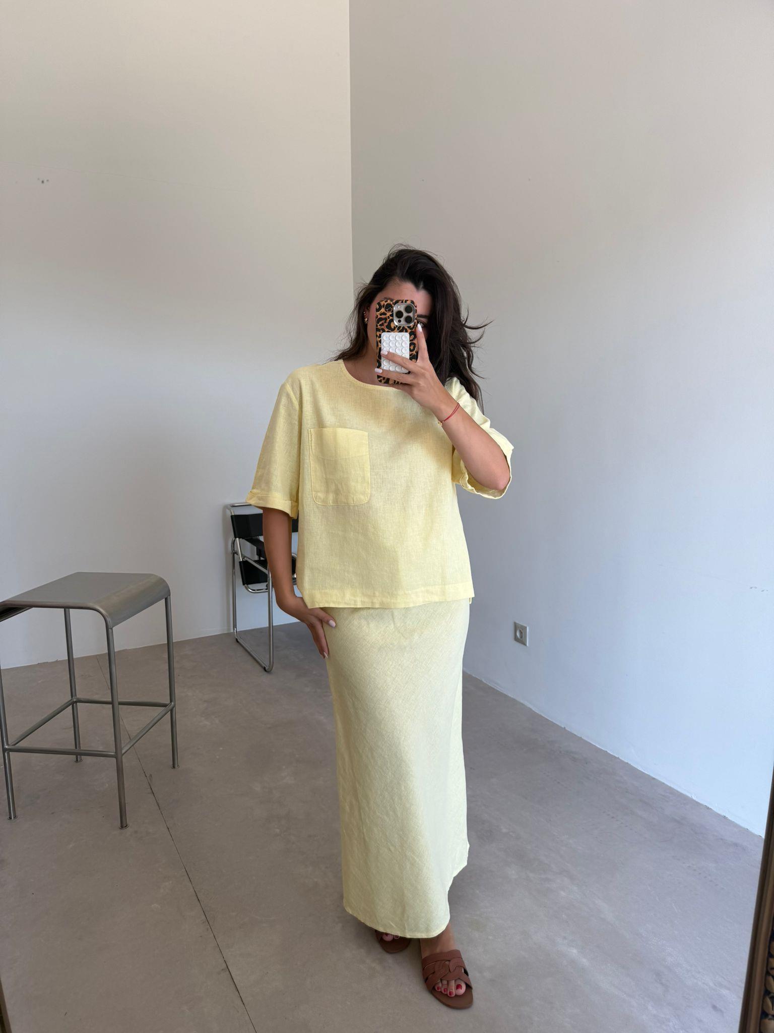 Sarı  Cep Detaylı Etekli Keten Takım