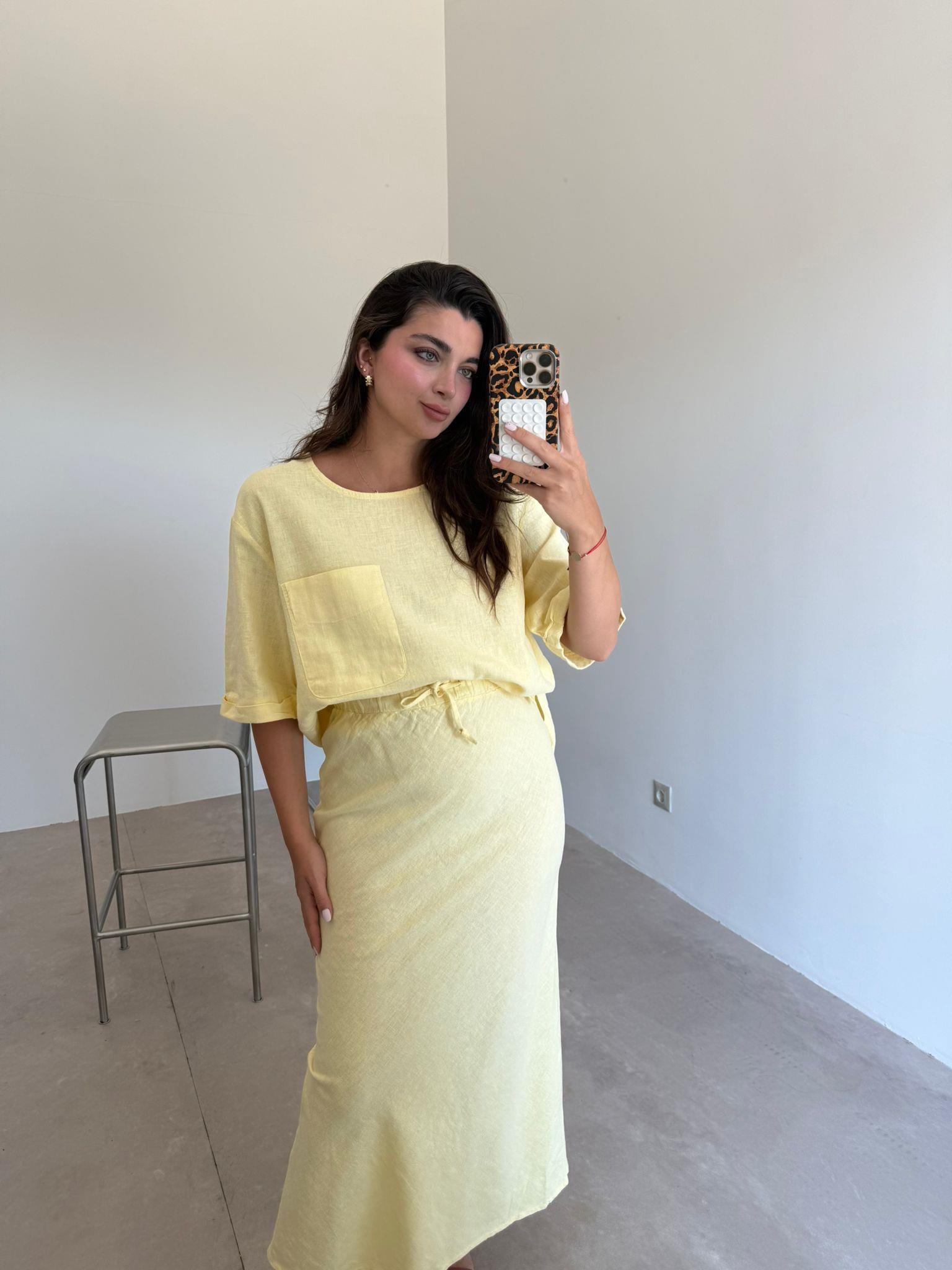 Sarı  Cep Detaylı Etekli Keten Takım