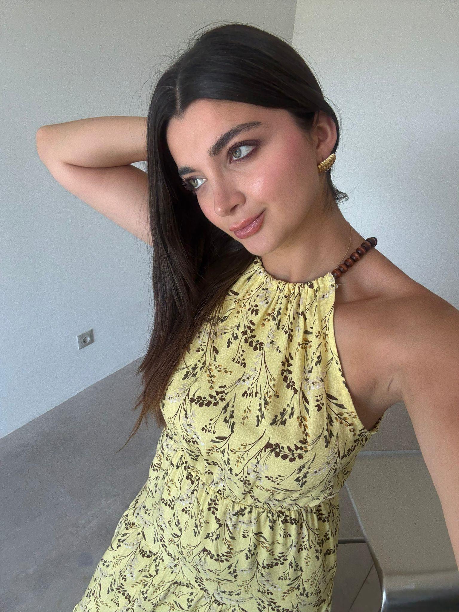 Sarı Çiçekli Boncuk Askılı Elbise