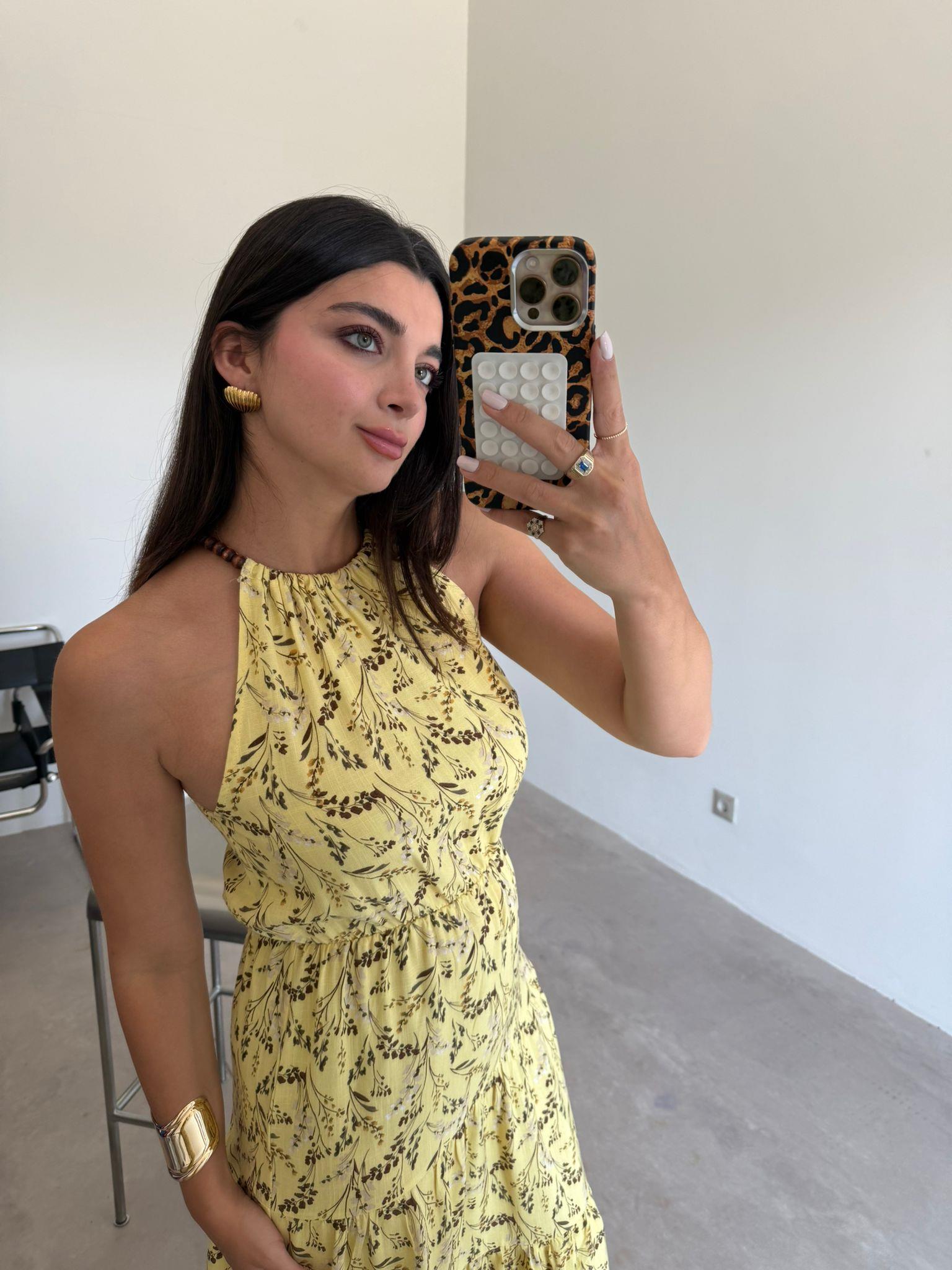 Sarı Çiçekli Boncuk Askılı Elbise