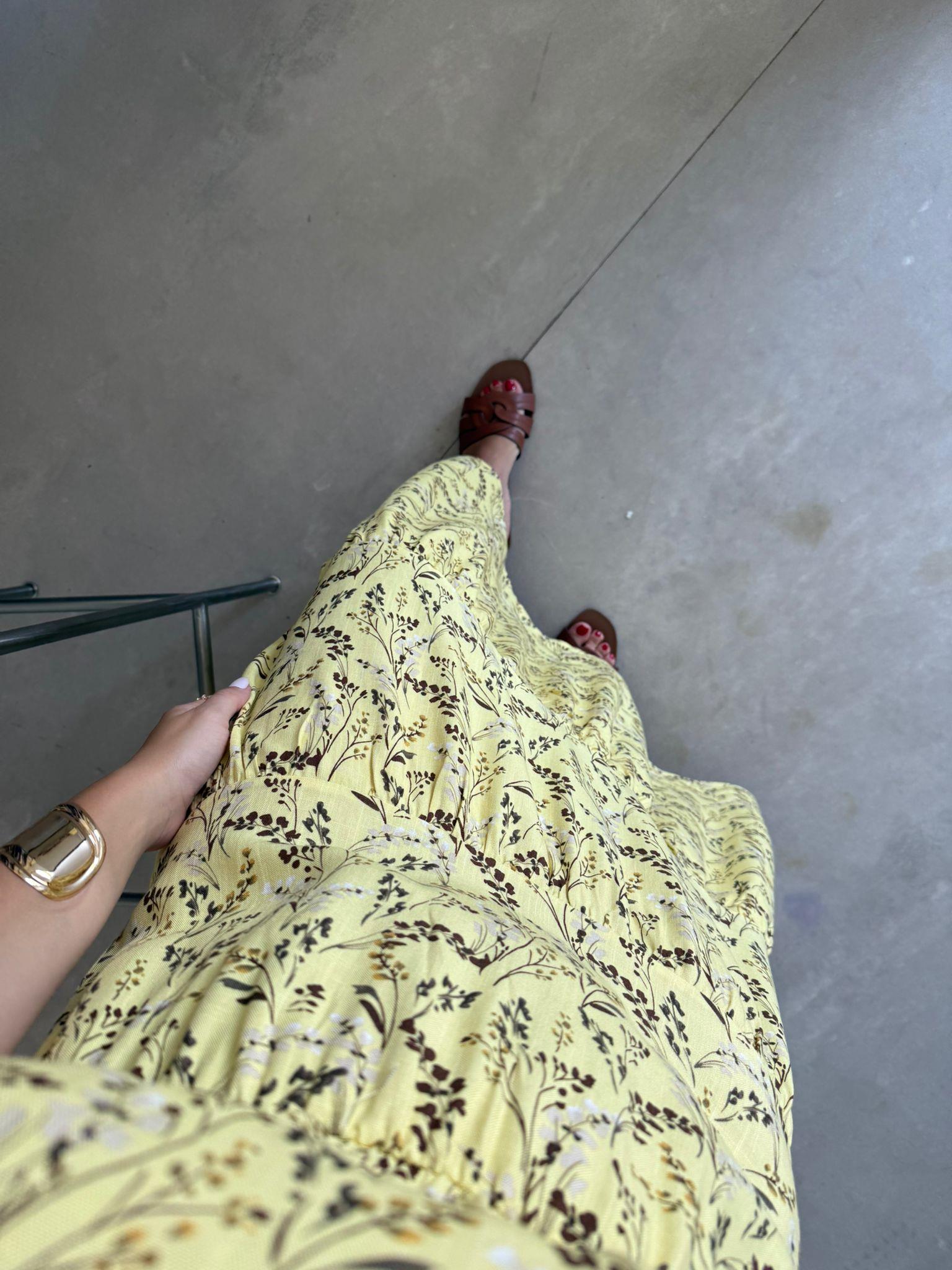 Sarı Çiçekli Boncuk Askılı Elbise