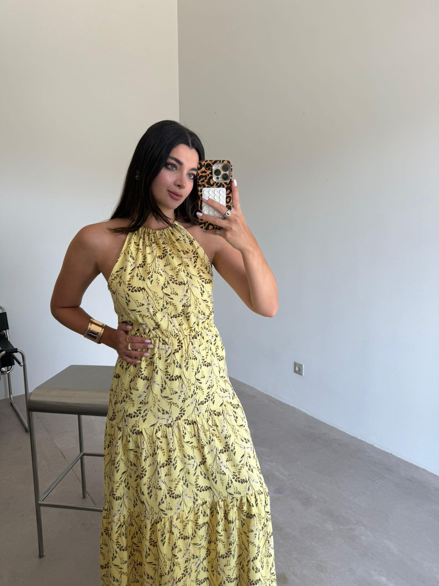 Sarı Çiçekli Boncuk Askılı Elbise