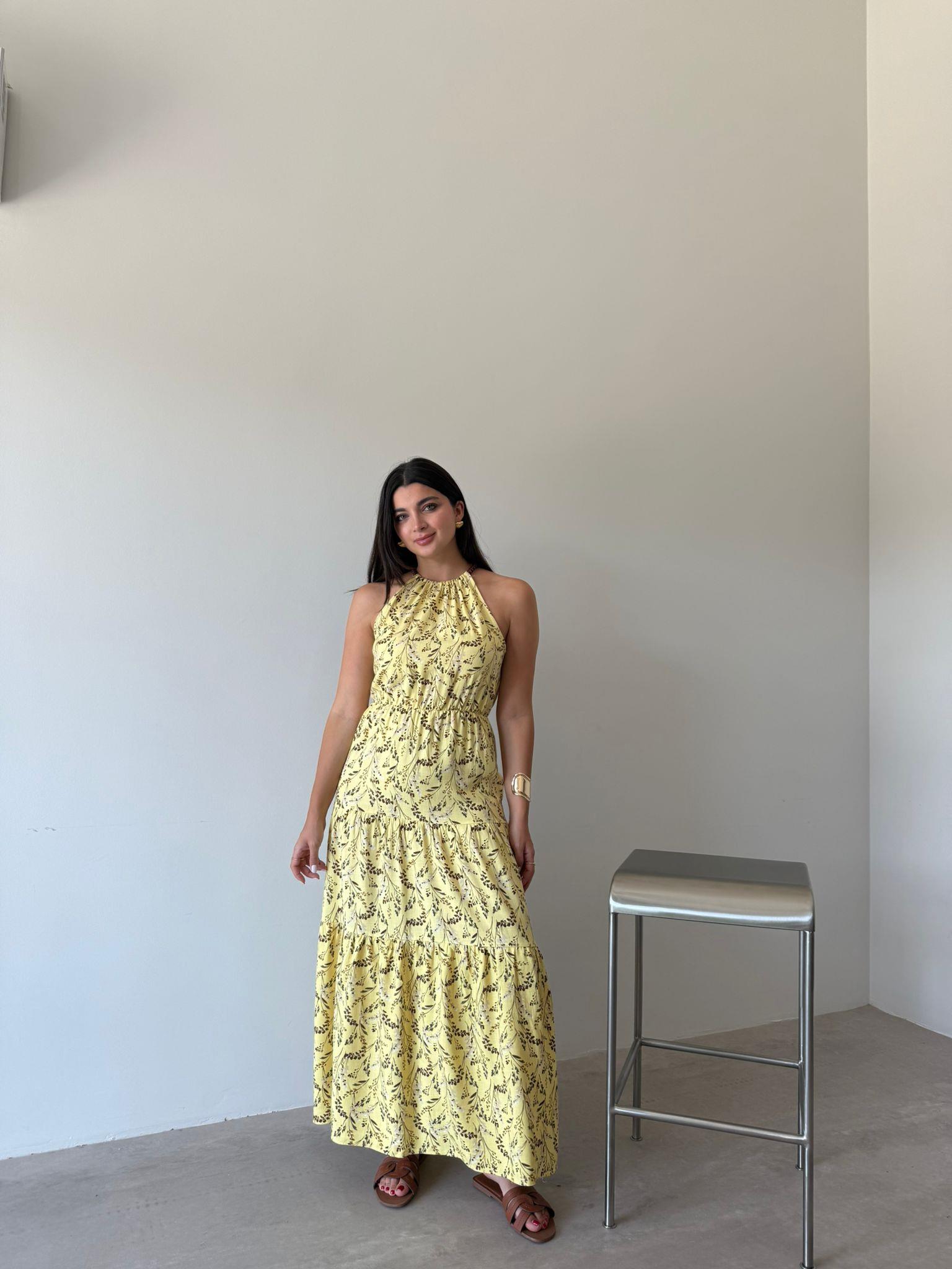 Sarı Çiçekli Boncuk Askılı Elbise