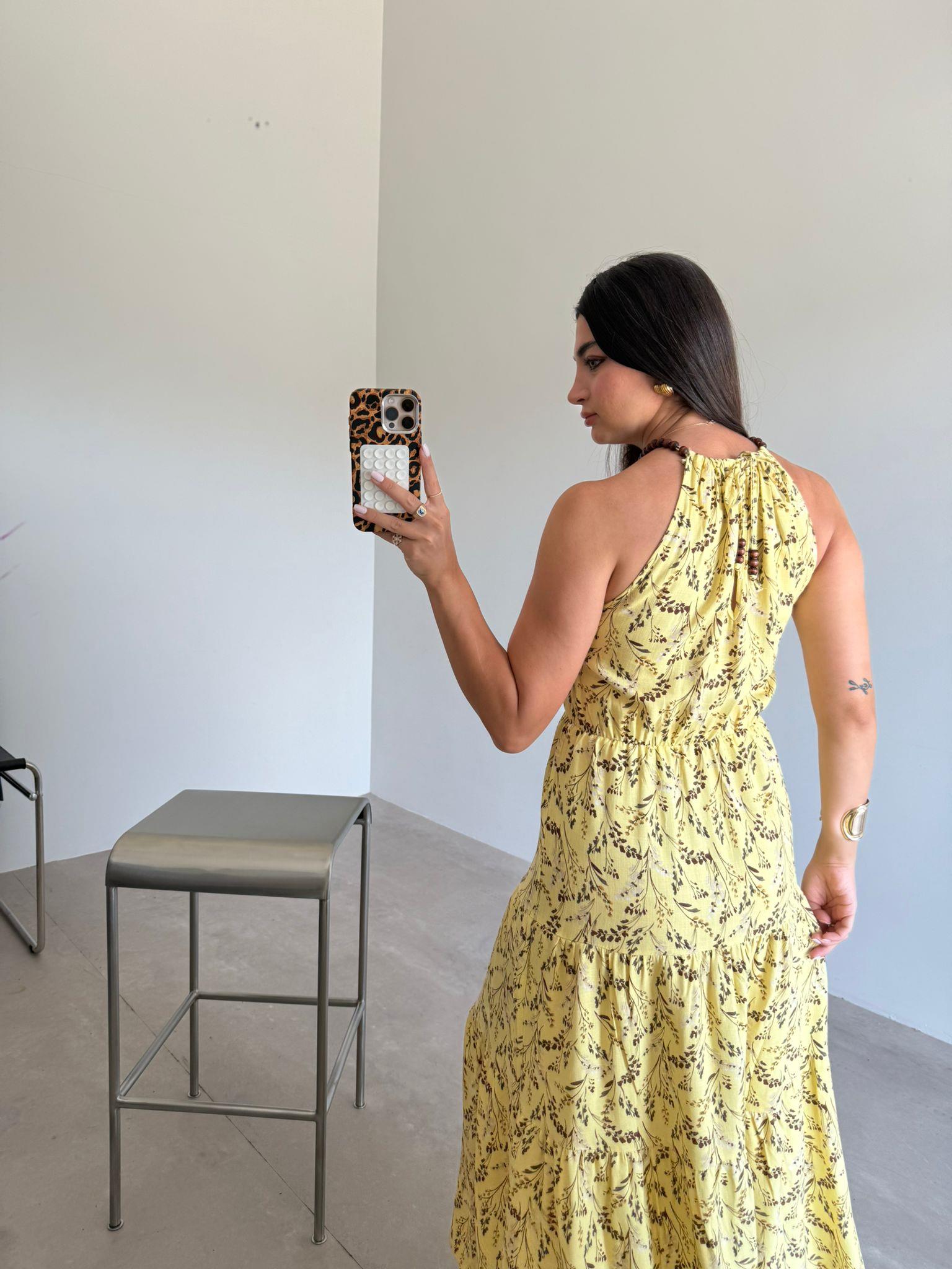 Sarı Çiçekli Boncuk Askılı Elbise