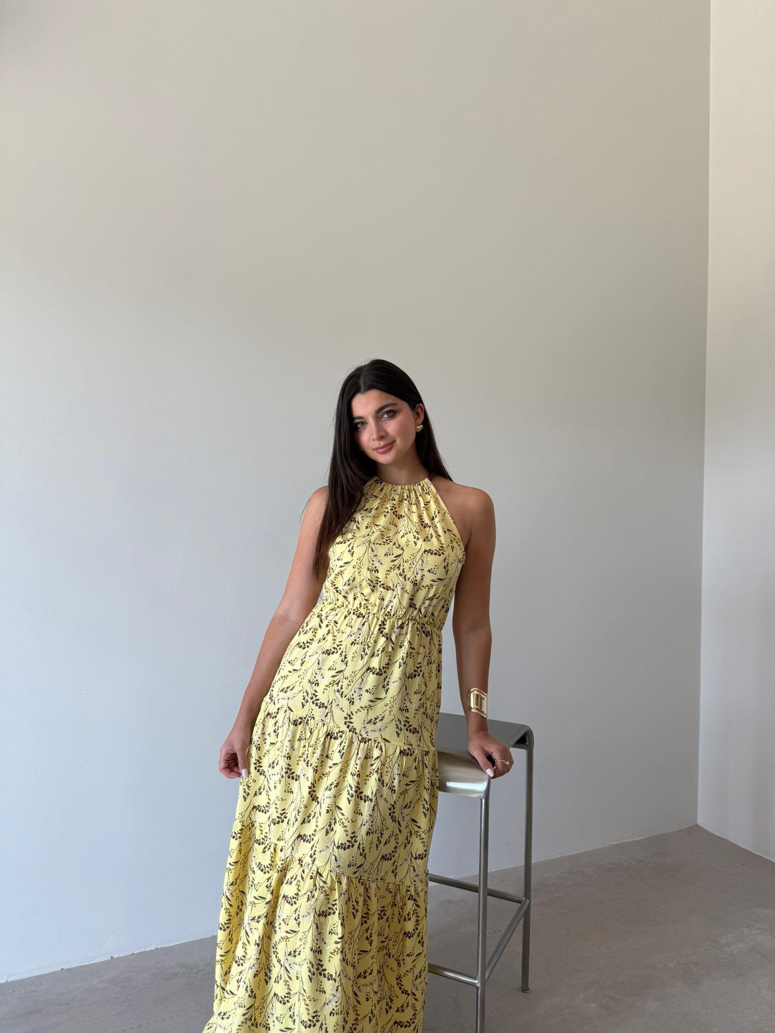 Sarı Çiçekli Boncuk Askılı Elbise