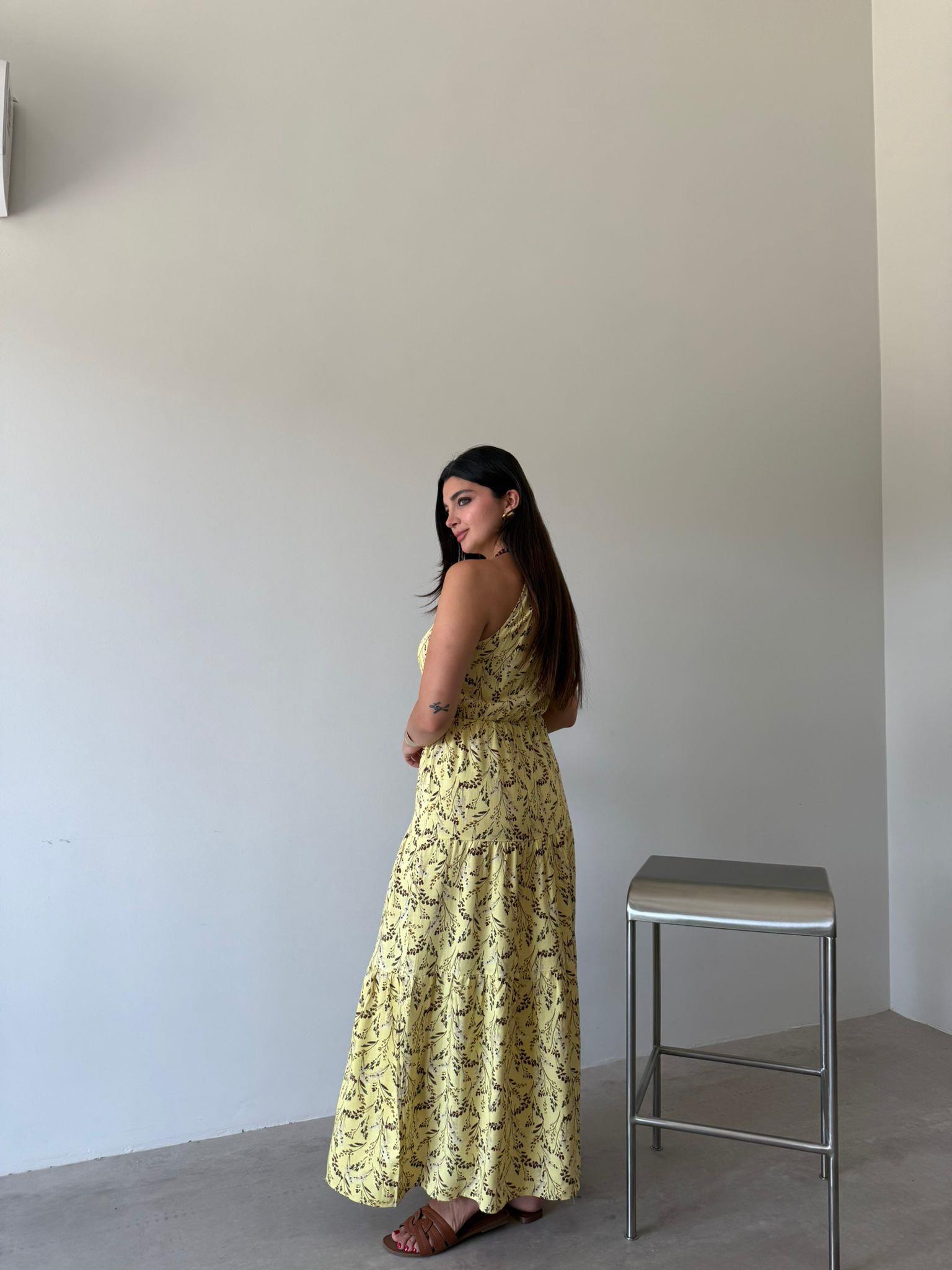 Sarı Çiçekli Boncuk Askılı Elbise