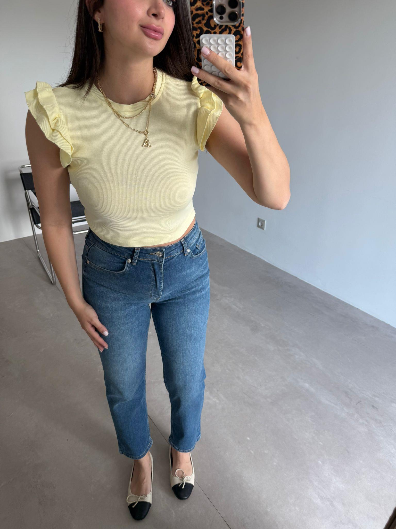 Sarı Fırfır Detaylı Fitilli Tişört