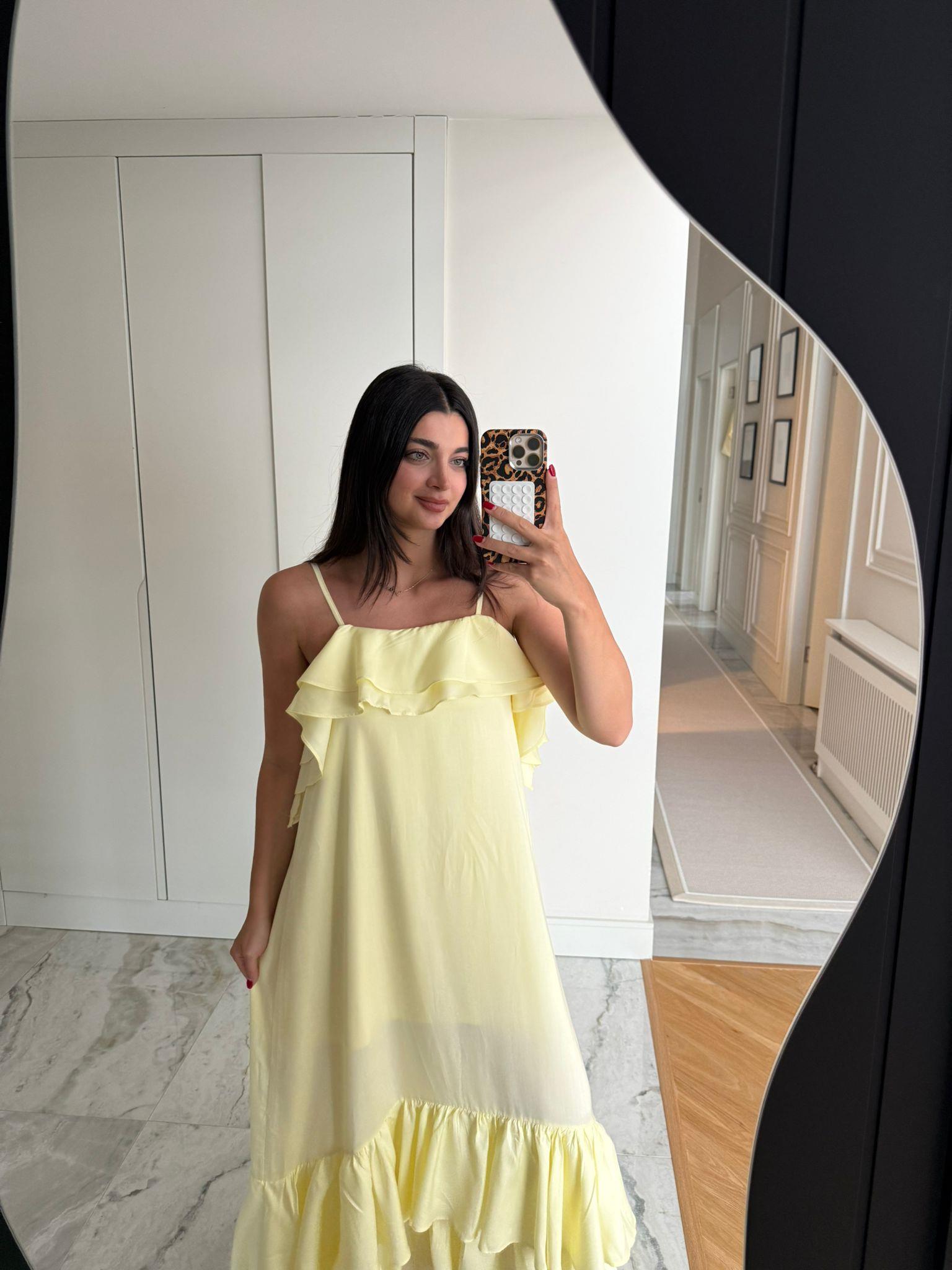 Sarı Fırfırlı Askılı Elbise