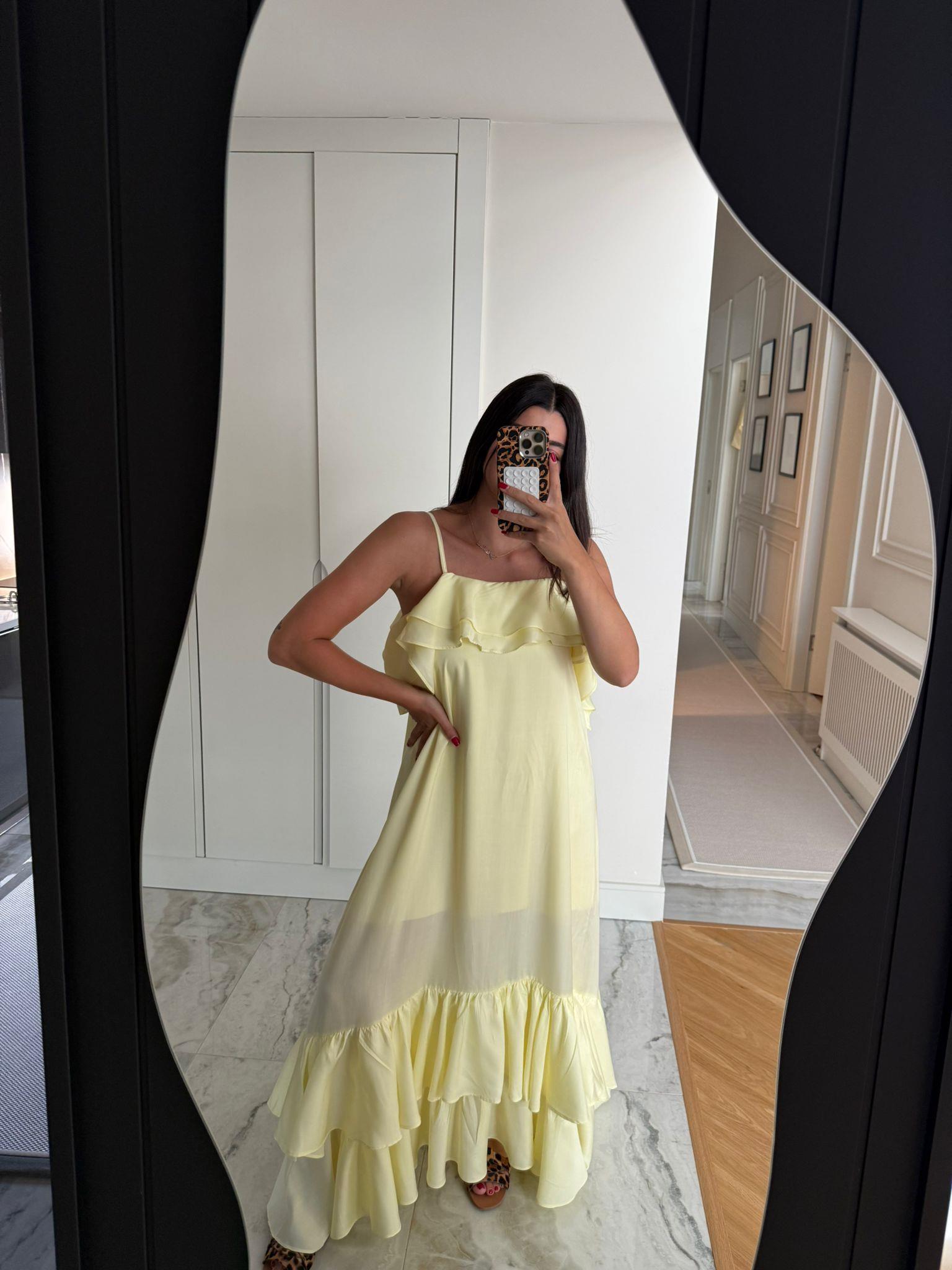 Sarı Fırfırlı Askılı Elbise