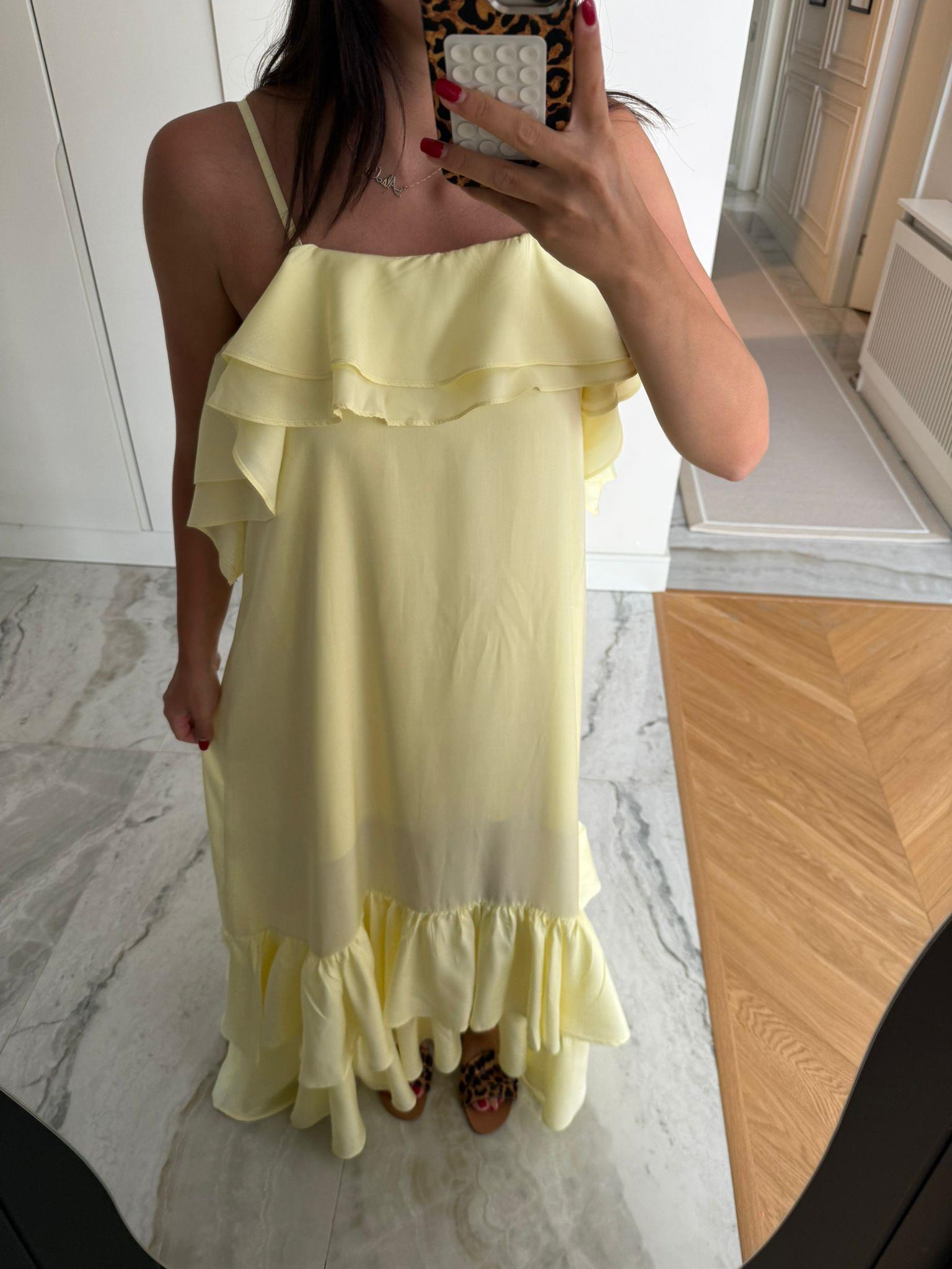 Sarı Fırfırlı Askılı Elbise