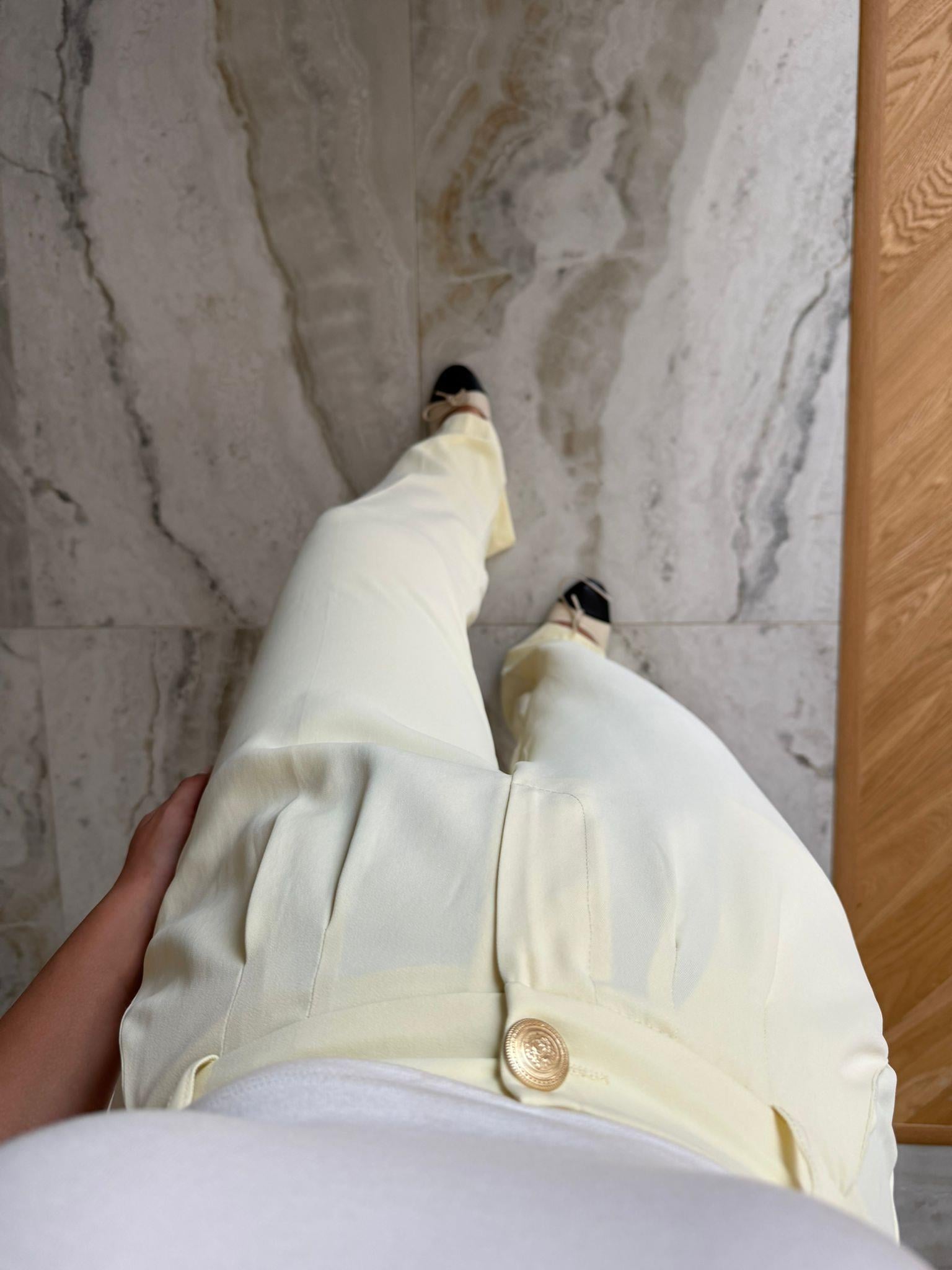 Sarı Gold Düğmeli Pileli Palazzo Pantolon