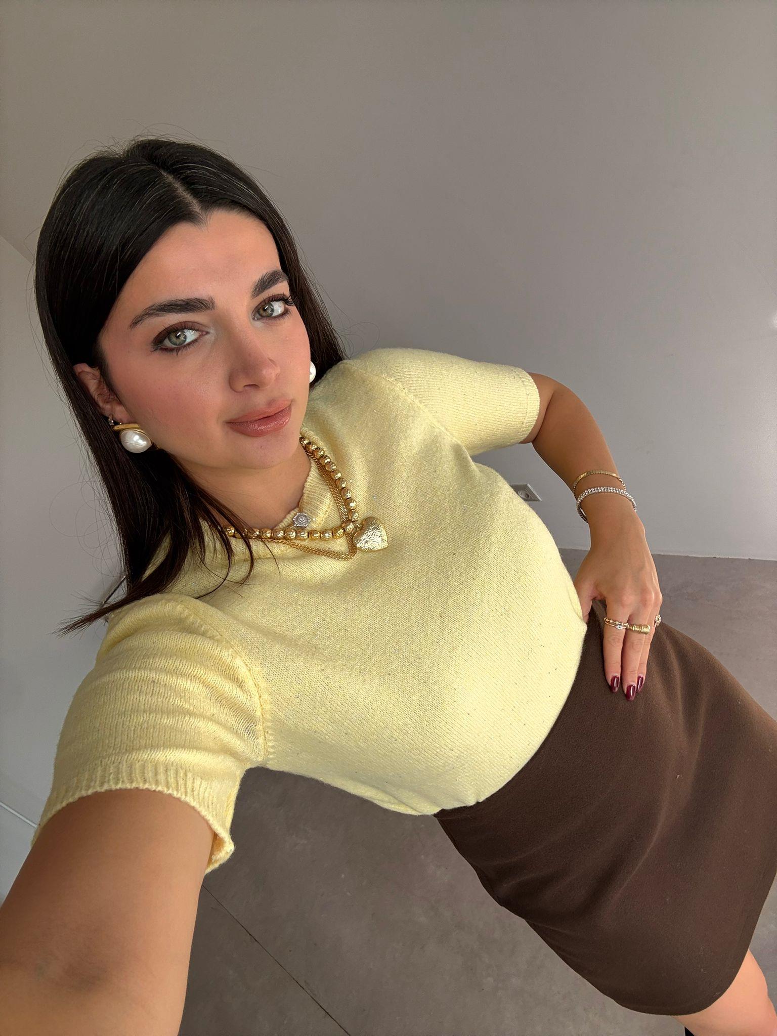 Sarı Işıltılı Kısa Kol Triko Bluz