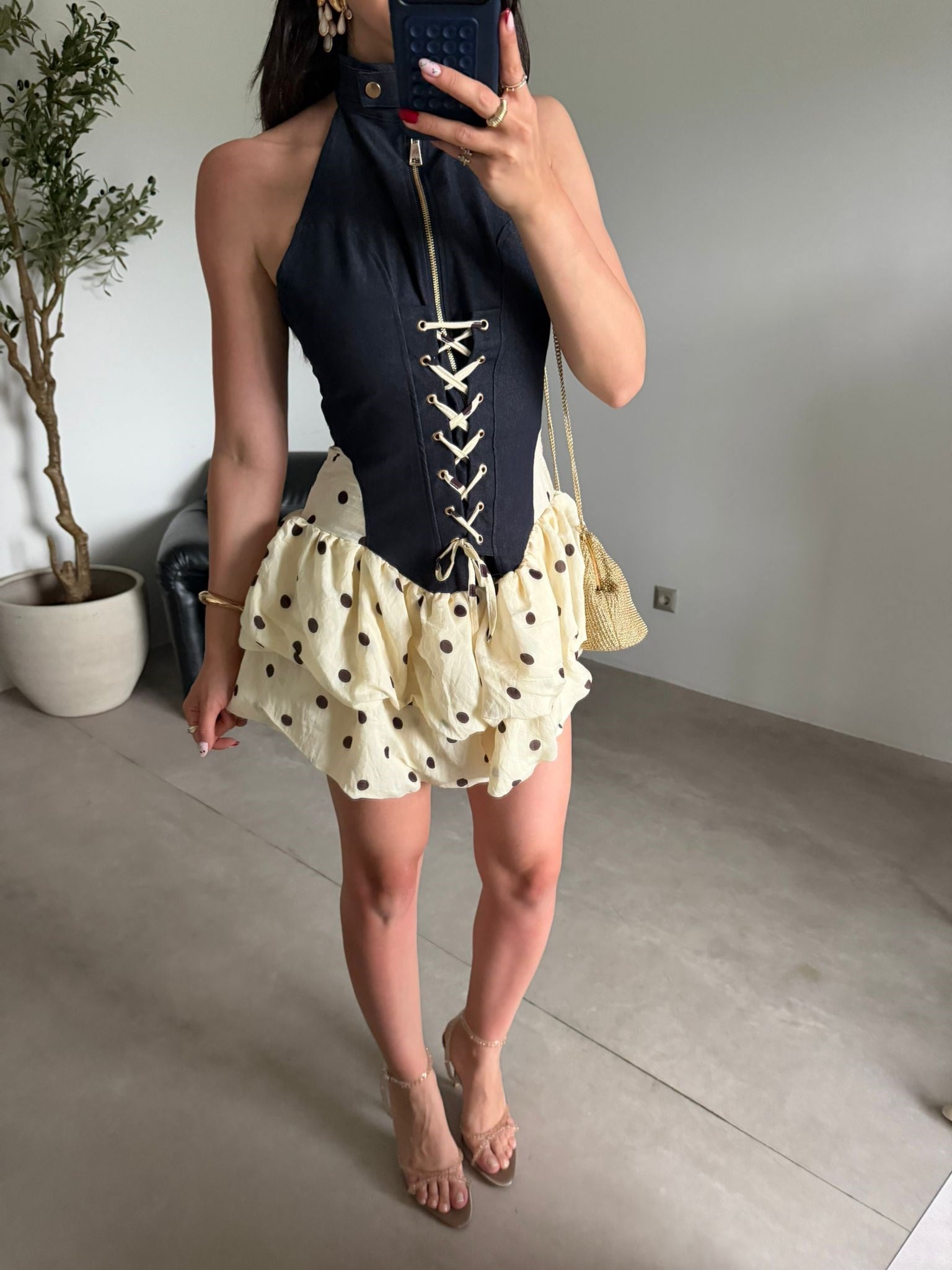Sarı Korse Detaylı Denim Elbise
