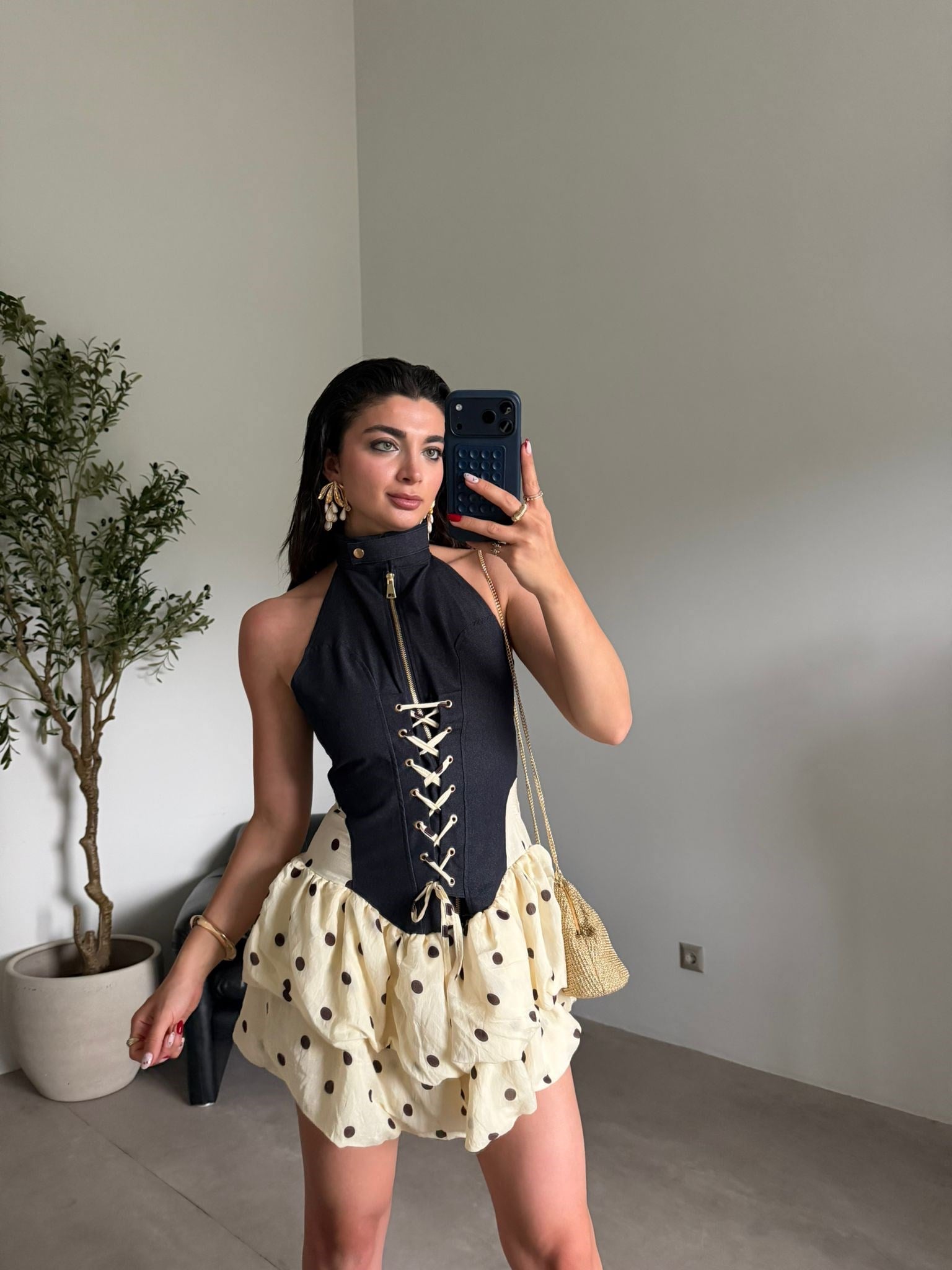Sarı Korse Detaylı Denim Elbise
