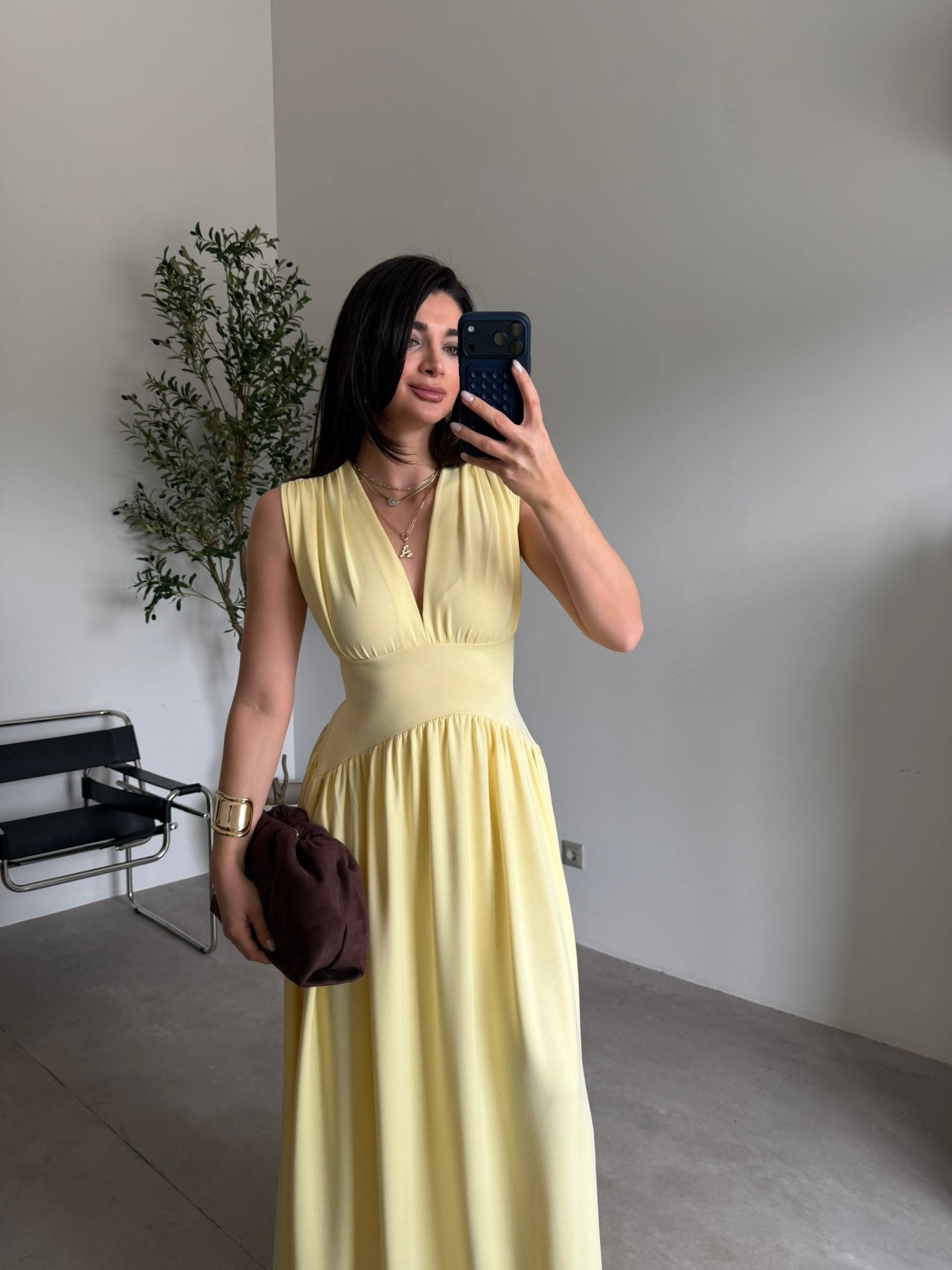 Sarı V Yaka Sıfır Kol Modal Elbise