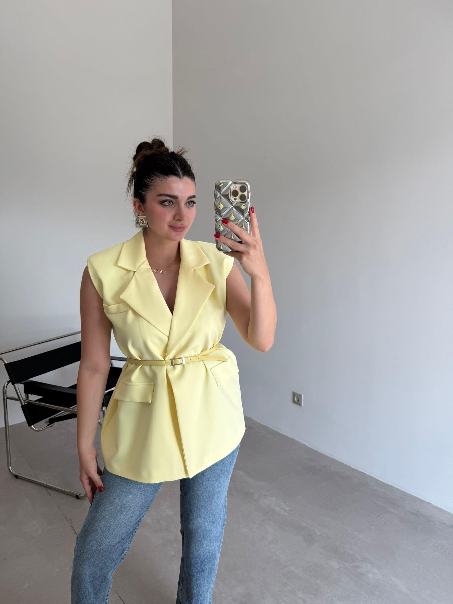 Sarı Vatkalı Kemerli Yelek