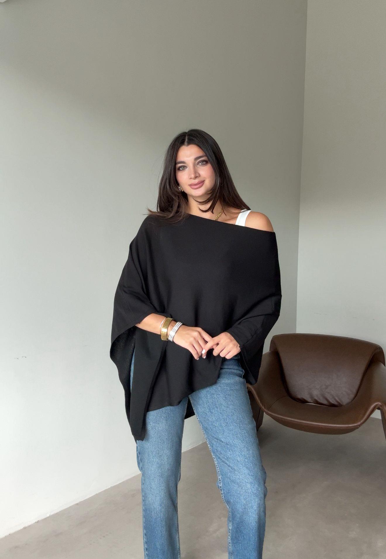 Siyah Asimetrik Kesim Triko Panço