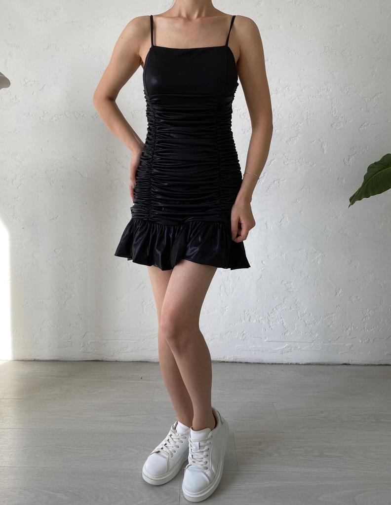 Siyah Askılı Drape Elbise