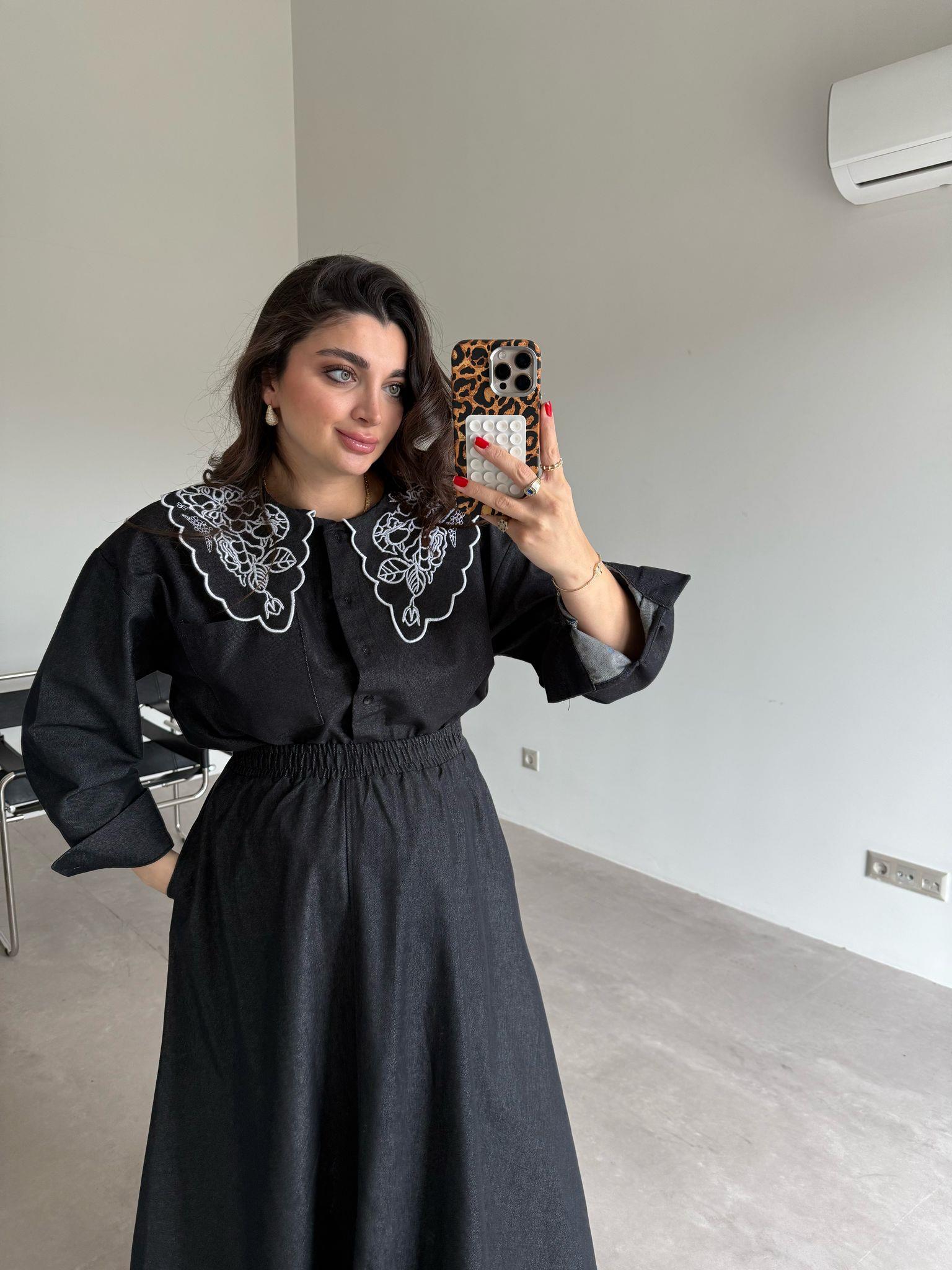 Siyah Bebe Yaka Nakışlı Denim Gömlek