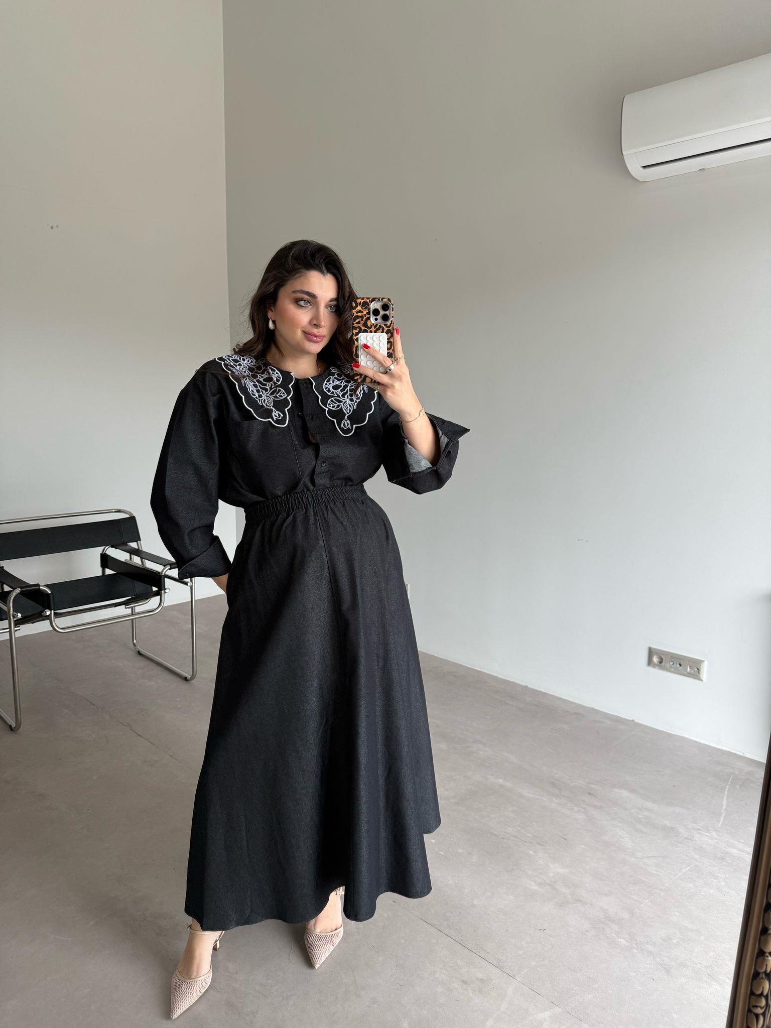 Siyah Bebe Yaka Nakışlı Denim Gömlek