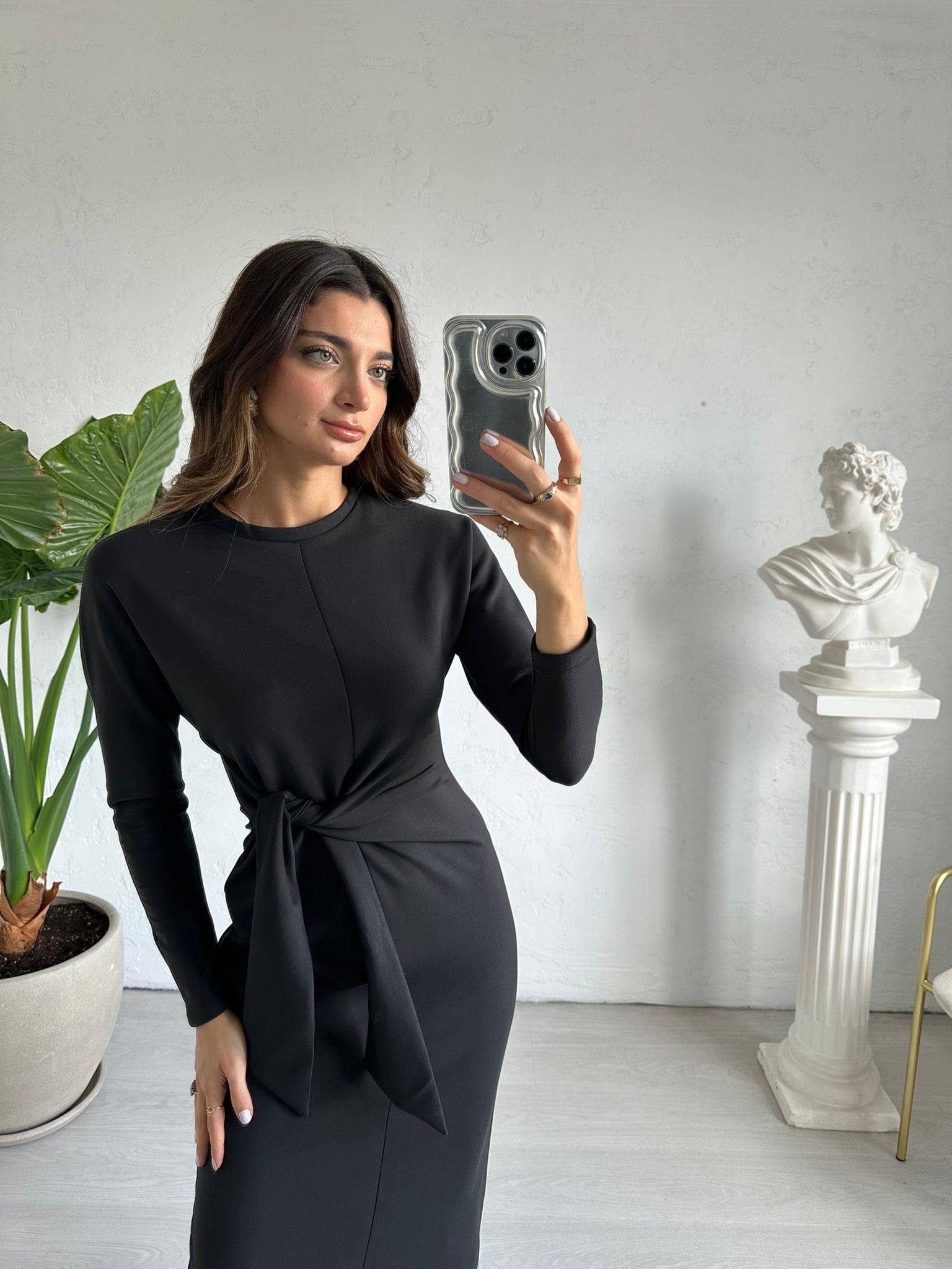 Siyah Beli Bağlamalı Elbise