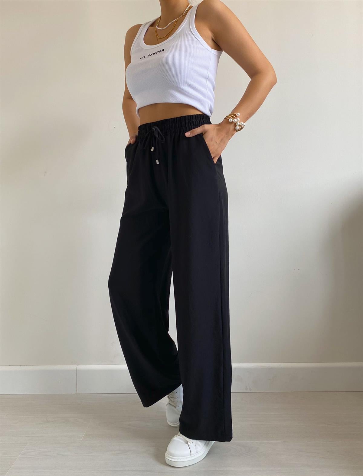 Siyah Beli Lastikli Bol Paça Pantolon