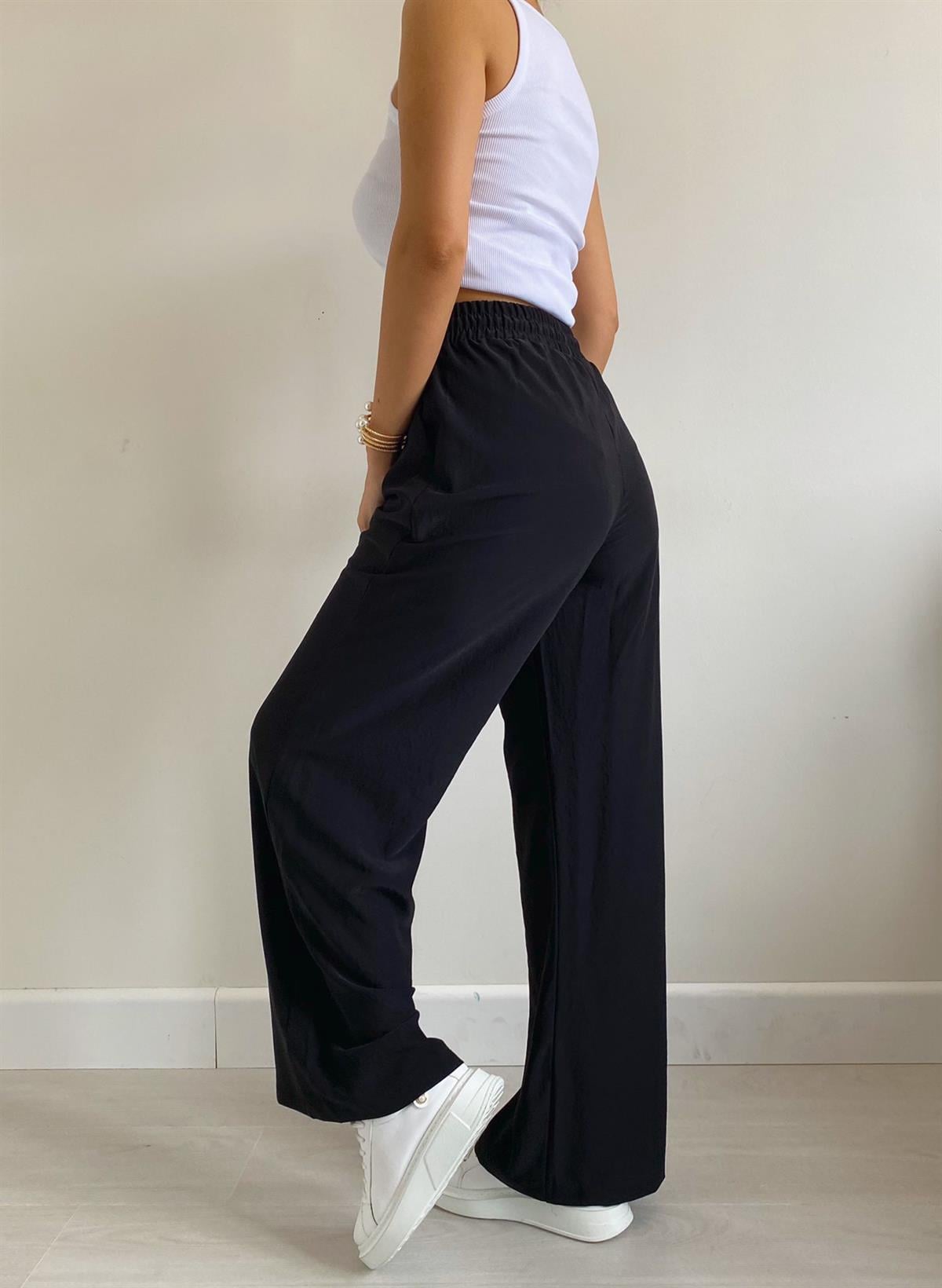 Siyah Beli Lastikli Bol Paça Pantolon