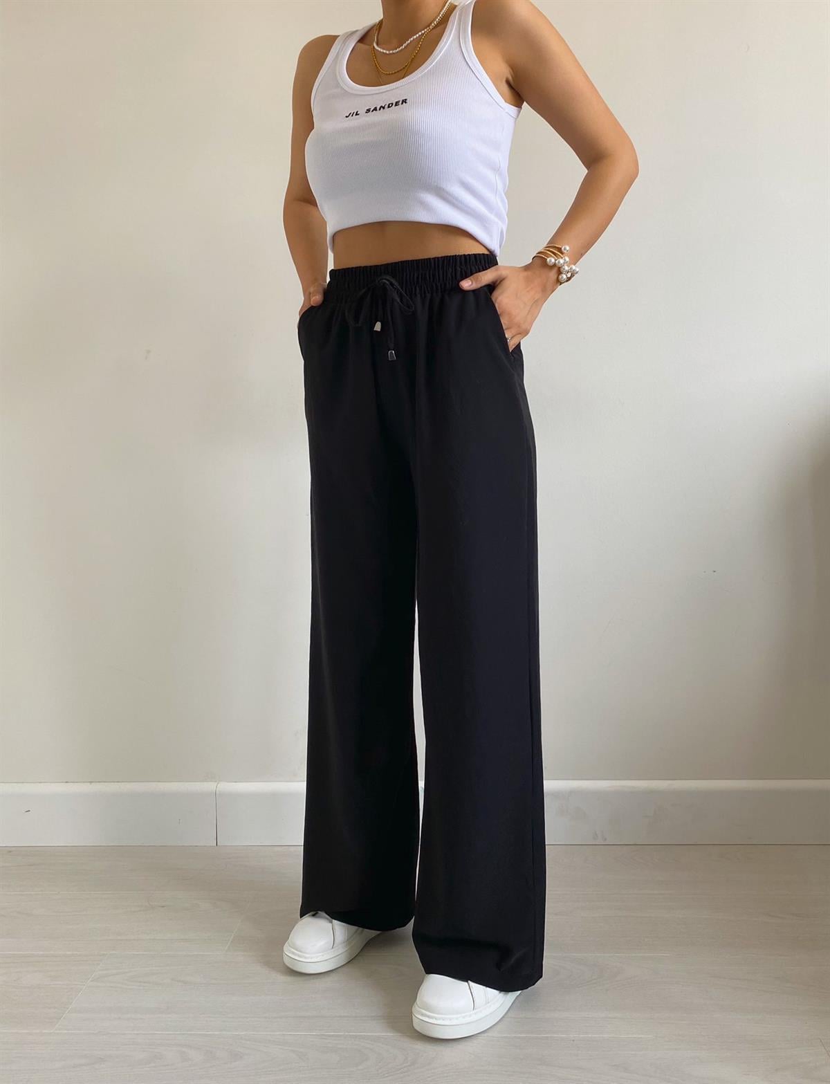Siyah Beli Lastikli Bol Paça Pantolon