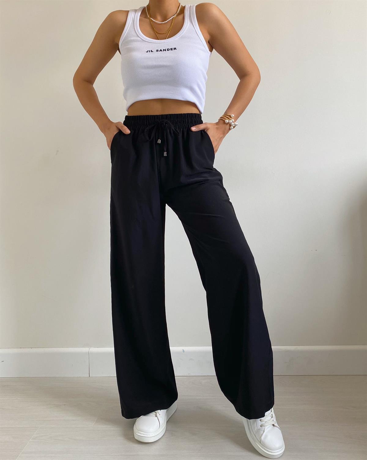 Siyah Beli Lastikli Bol Paça Pantolon