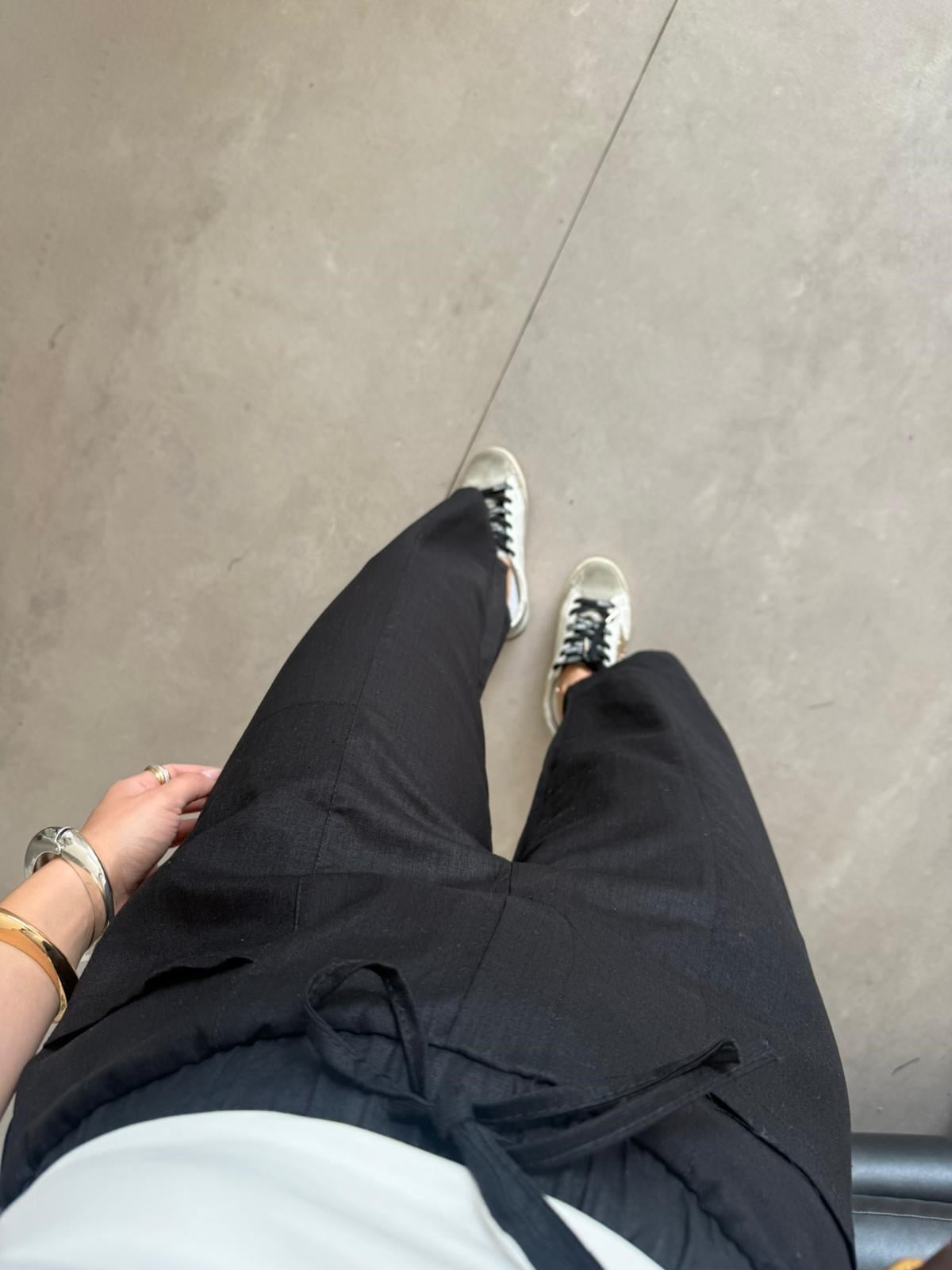 Siyah Beli Lastikli Cepli Keten Pantolon